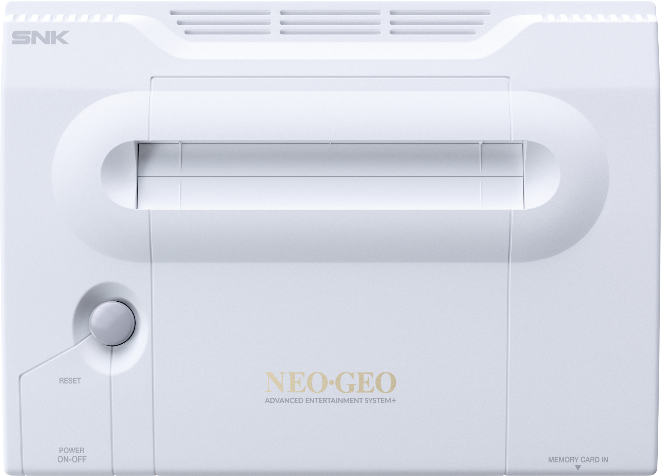 Console SNK Neo Geo bianca con slot reset, alimentazione e memory card.