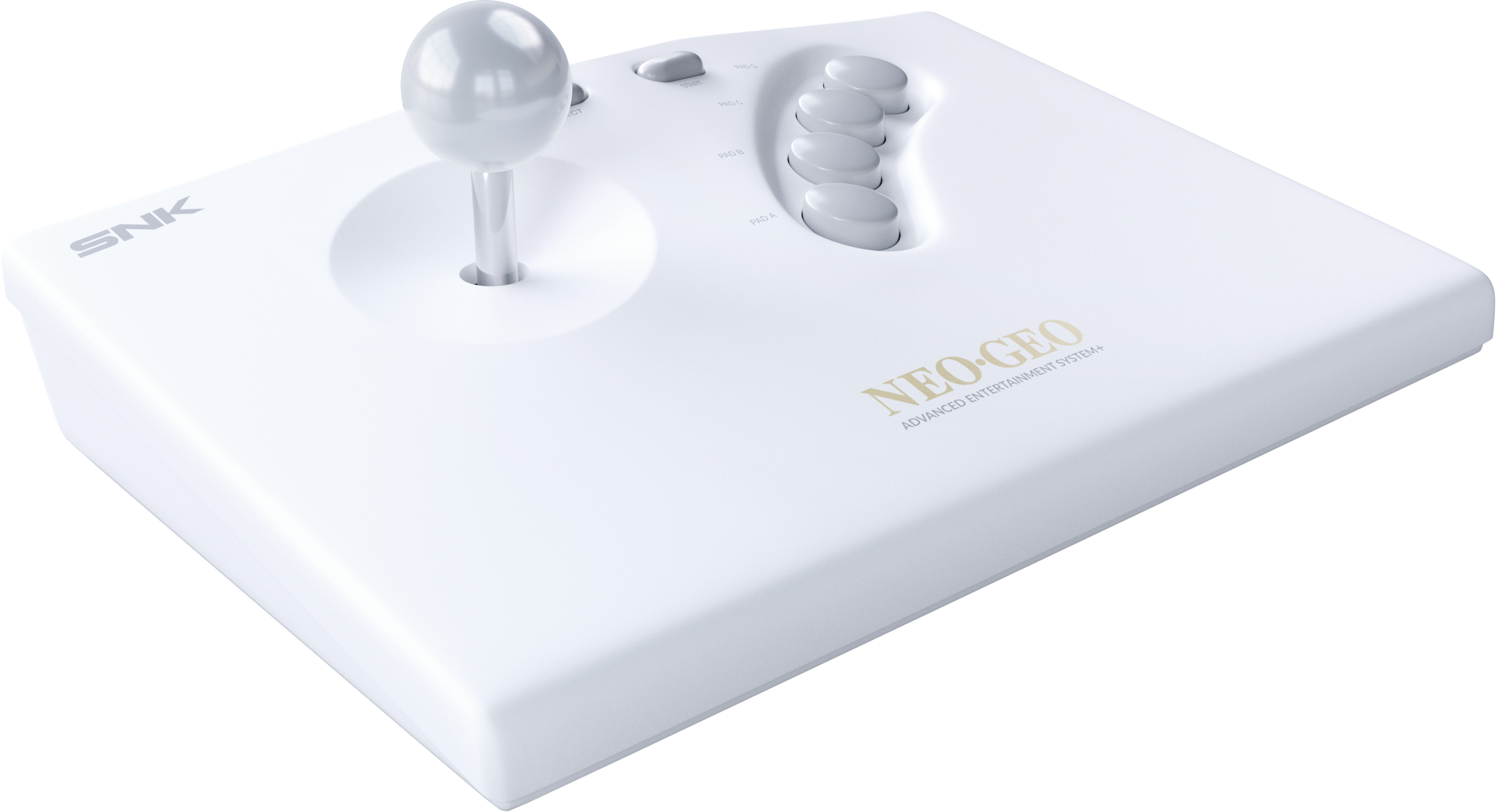 Un joystick bianco SNK Neo Geo con manopola sferica argento e pulsanti.