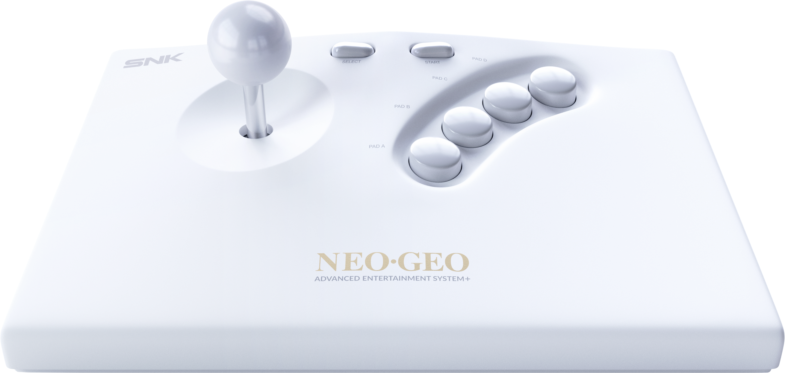Un controller SNK Neo Geo bianco con joystick e quattro pulsanti.