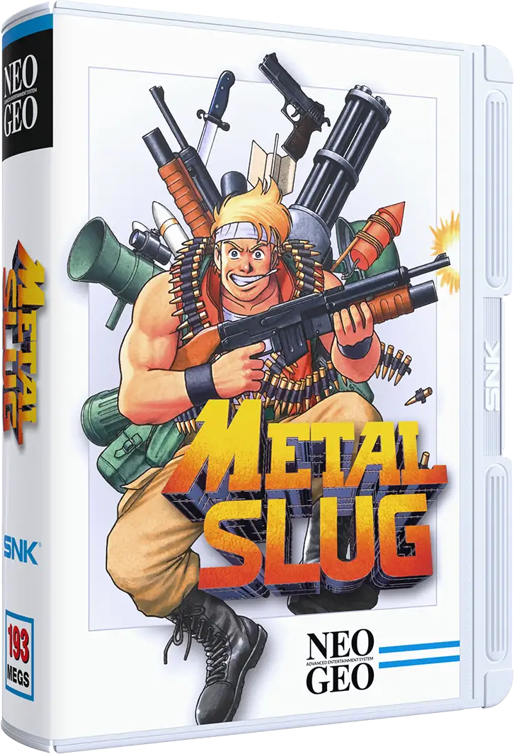 Una scatola di videogiochi con un soldato che tiene armi. Titolo Metal Slug.