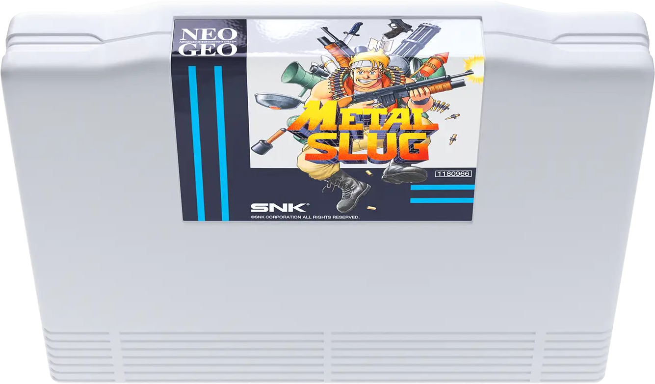Cartuccia di gioco Neo Geo Metal Slug con un soldato che tiene un'arma.