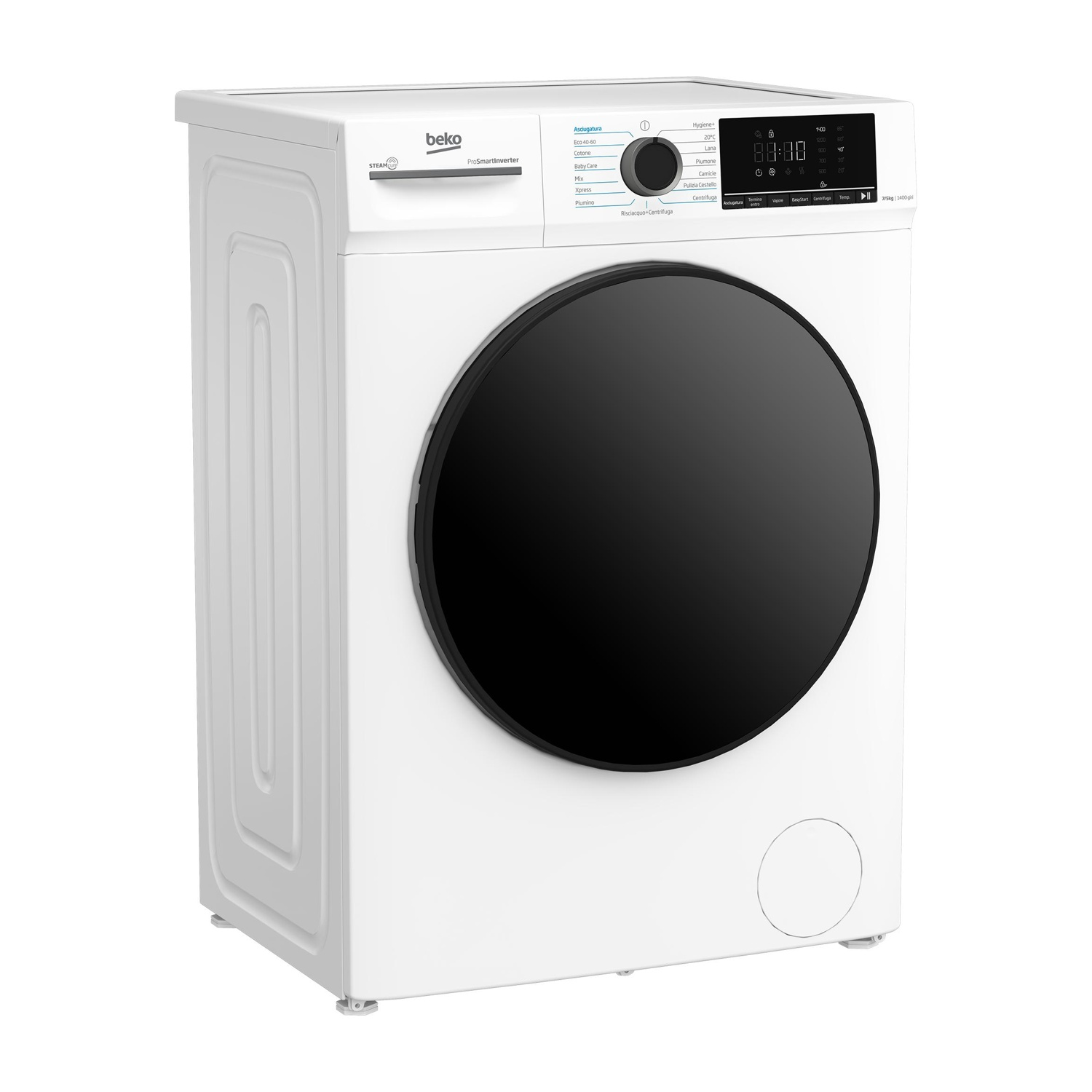 Una lavatrice Beko bianca con oblò rotondo nero e pannello di controllo.