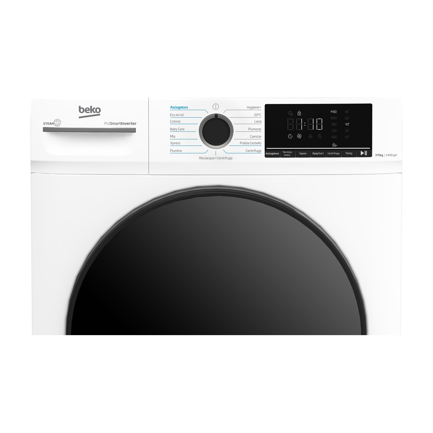 Lavatrice Beko bianca con display e selettore programmi.