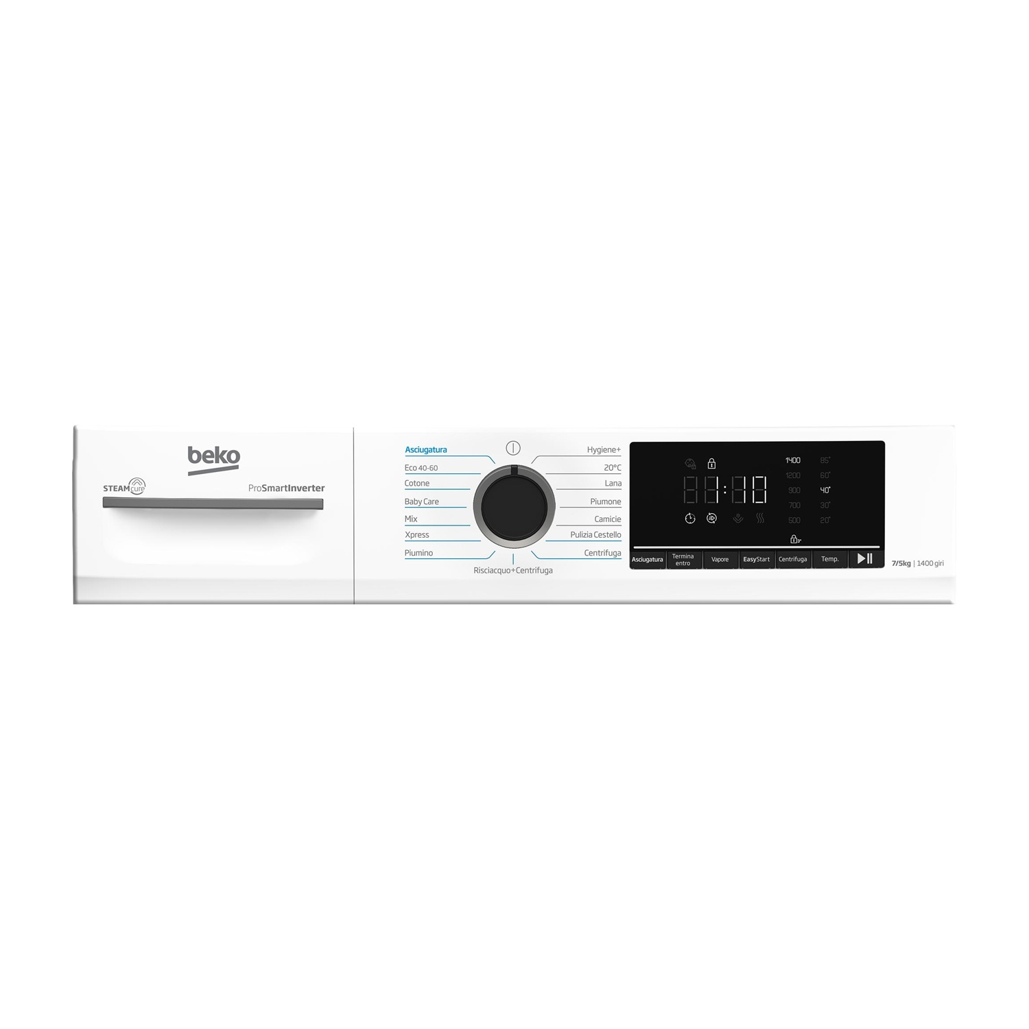 Lavatrice Beko bianca con display digitale e manopola selettrice programmi.