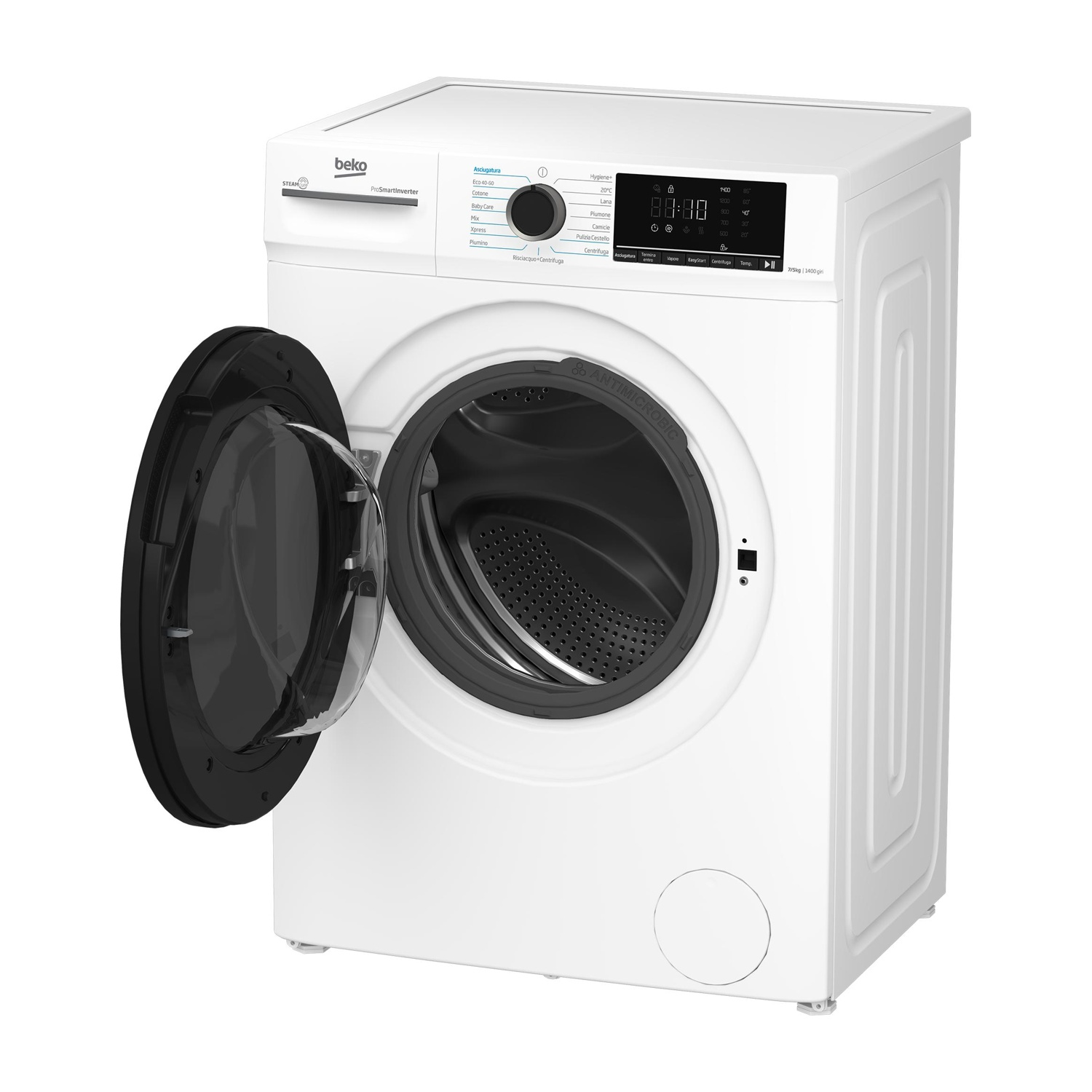 Una lavatrice Beko bianca con oblò aperto e display digitale.