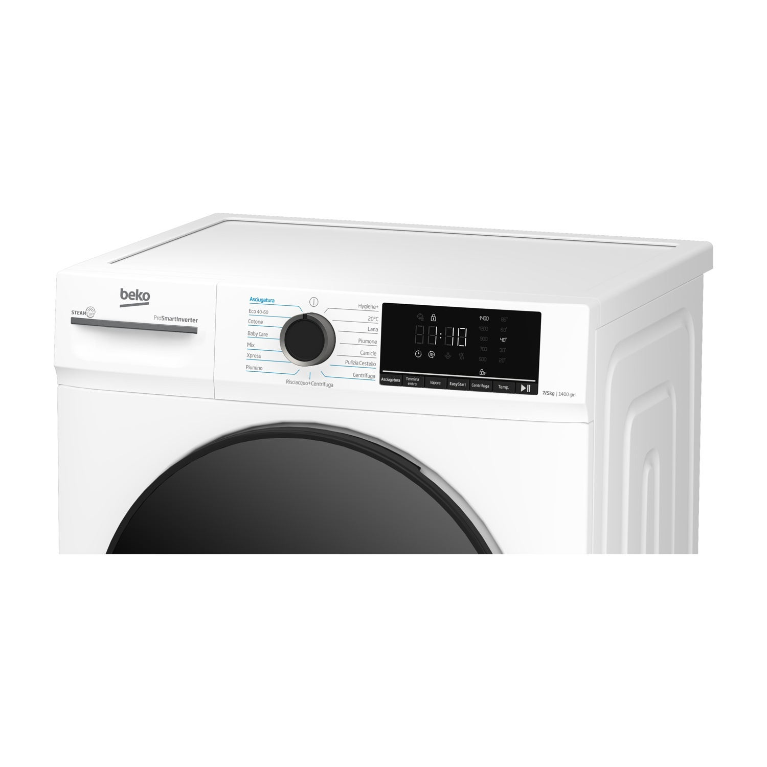 Una lavatrice Beko bianca con display digitale e pannello di controllo.