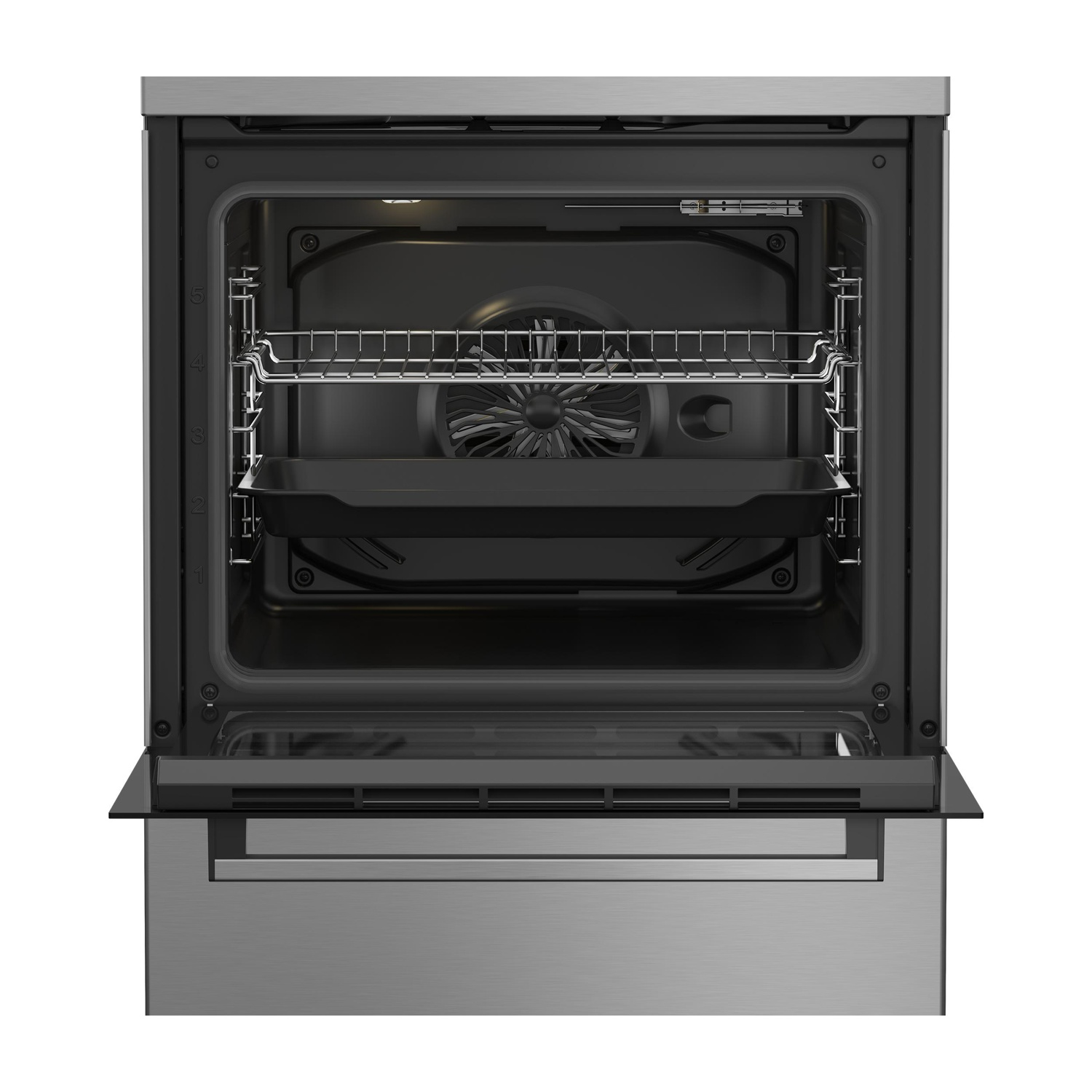 Un forno aperto in acciaio inox con griglia e teglia all'interno.