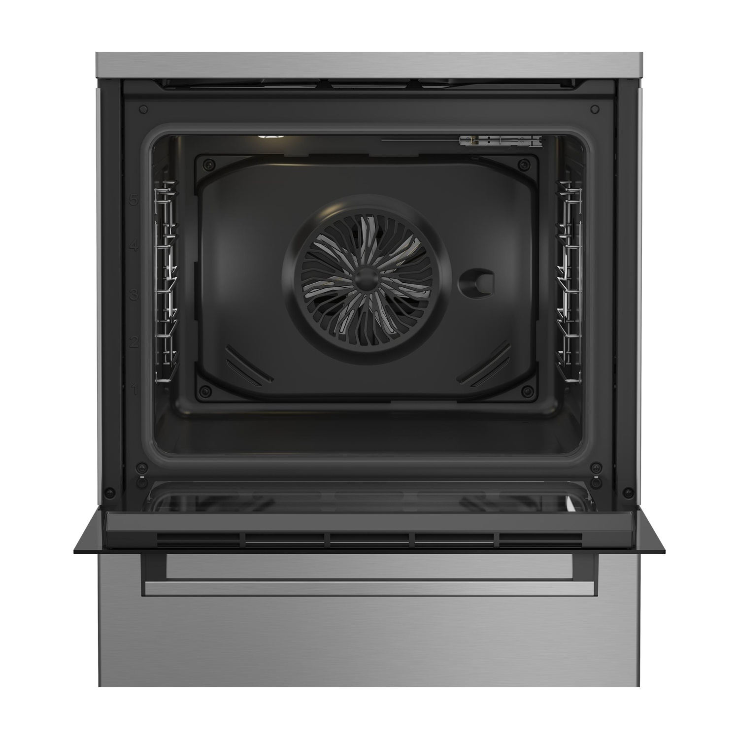 Interno forno aperto in acciaio inox con ventola e griglie. Porta in vetro socchiusa.