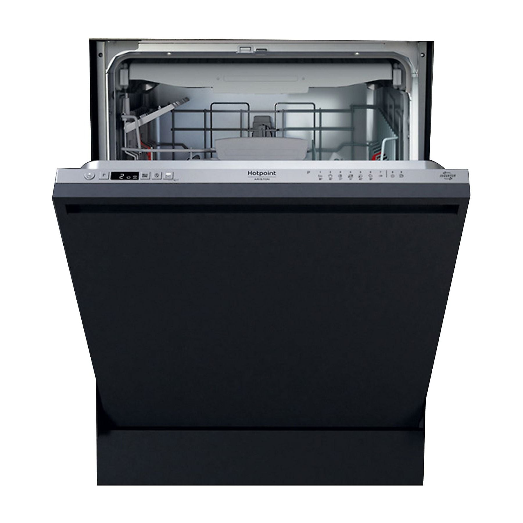 Lavastoviglie Hotpoint nera aperta con comandi e cestelli argentati.