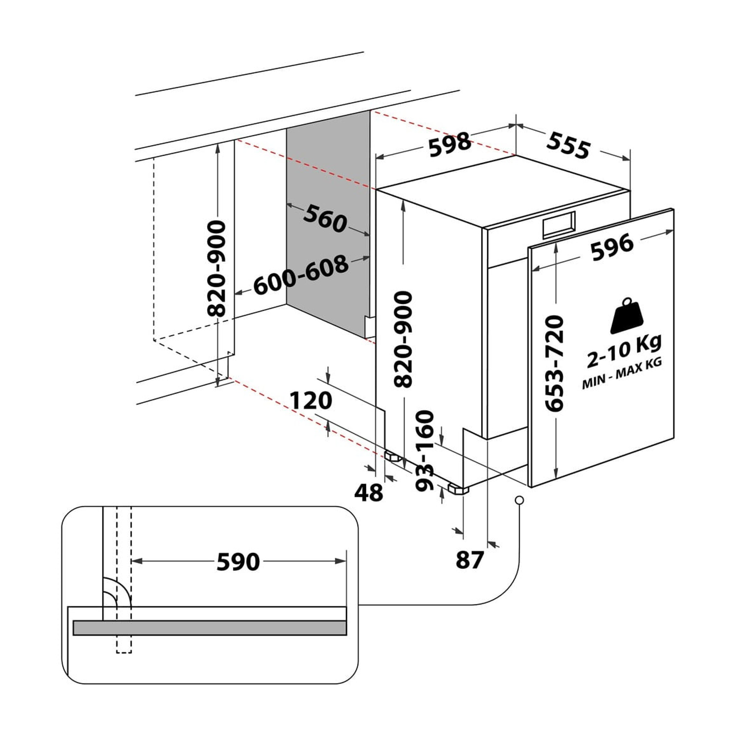 Disegno tecnico di una lavastoviglie con dimensioni.