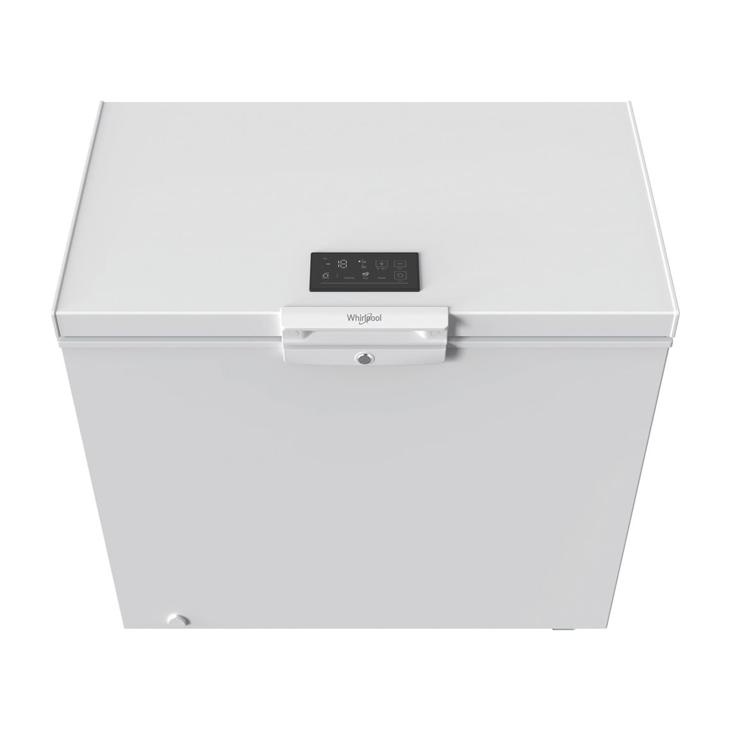 Un congelatore a pozzetto bianco con display digitale e maniglia.
