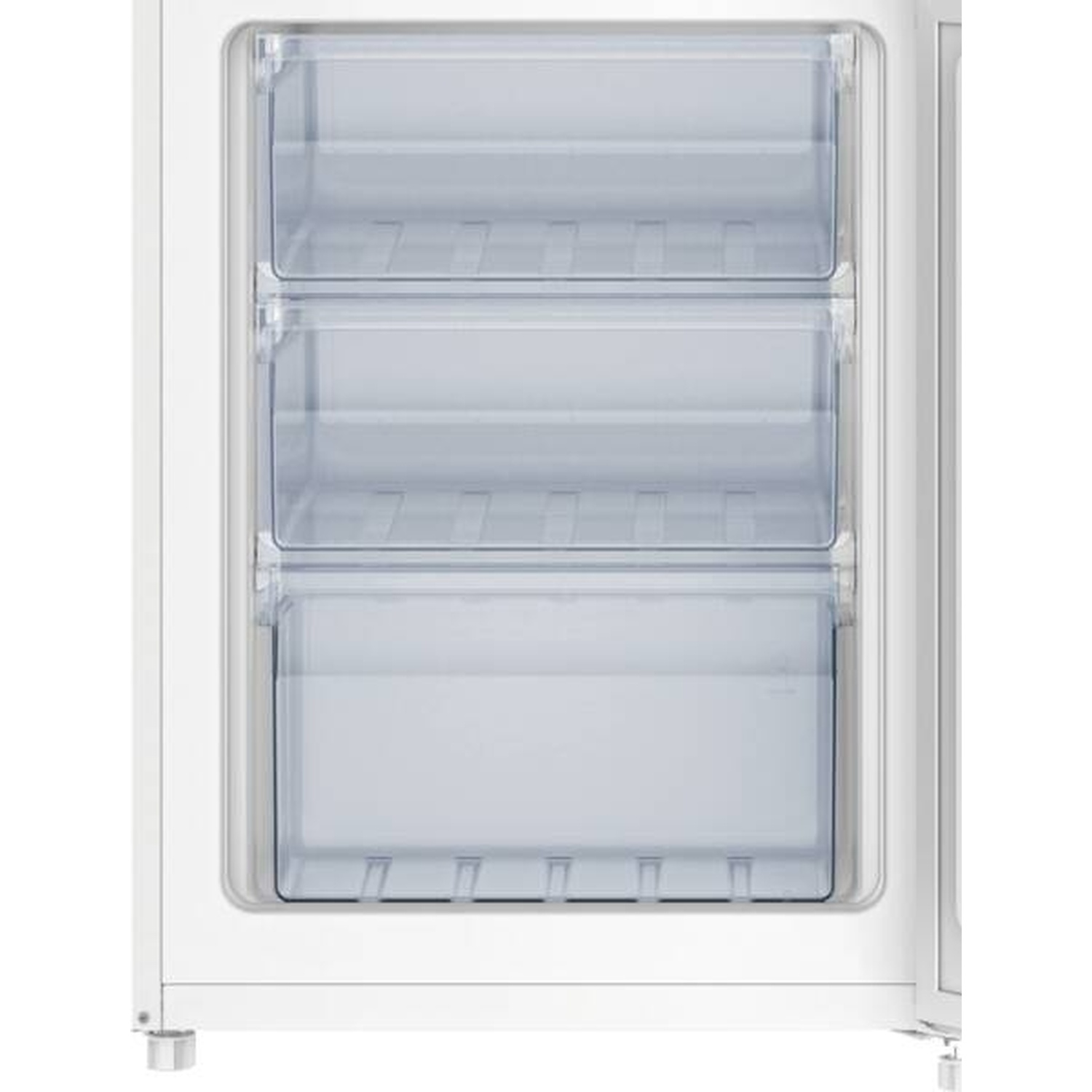 Un frigorifero bianco con tre cassetti trasparenti, tutti vuoti.