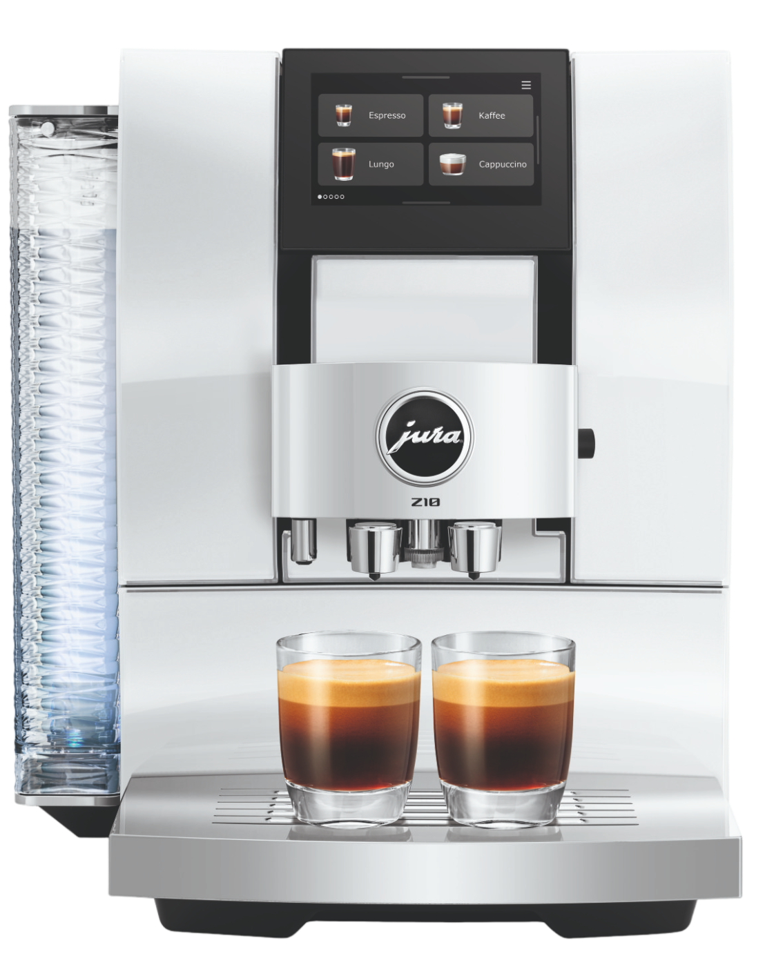 Weiße Kaffeemaschine mit zwei Espressogläsern und Wassertank.