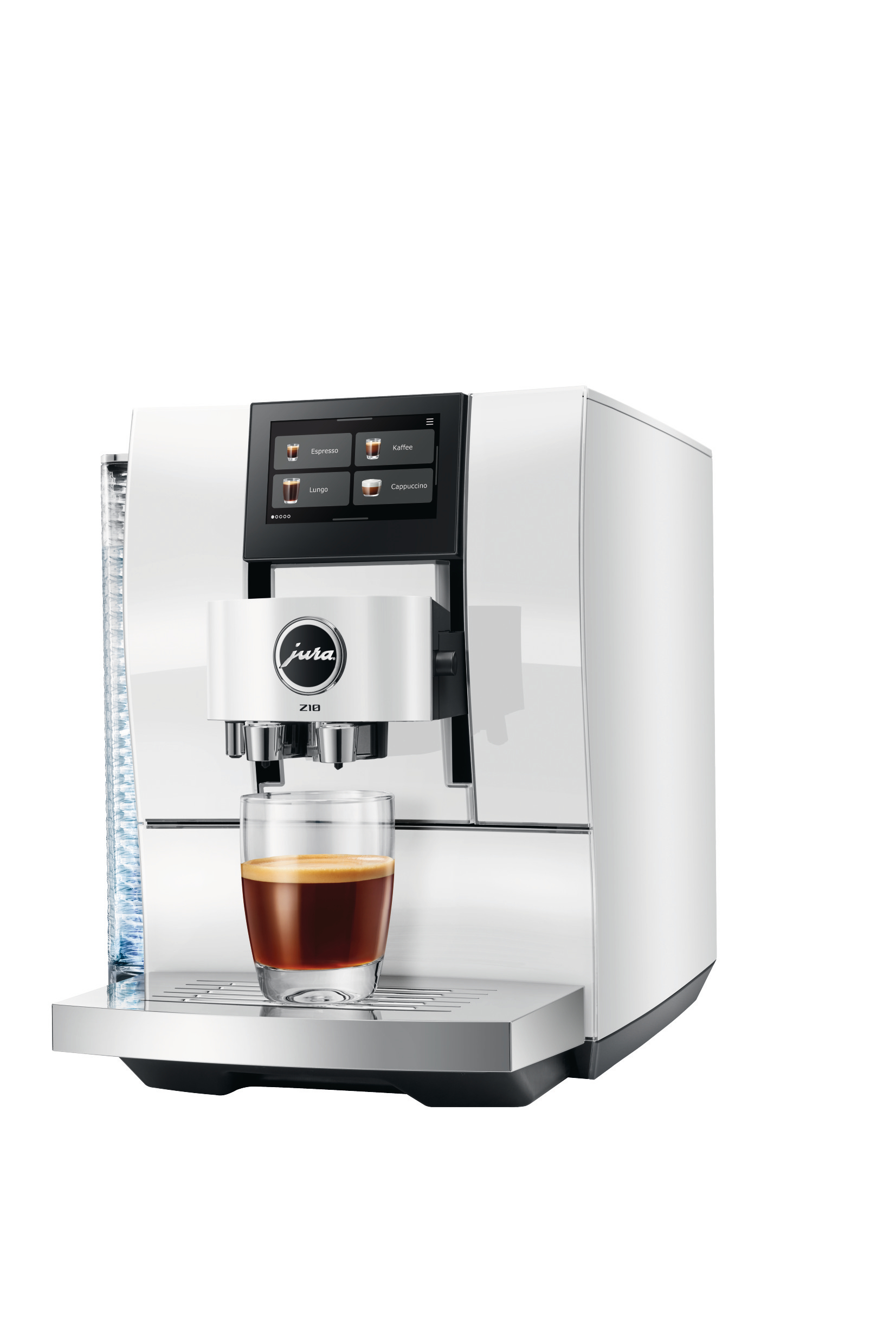 Weiße Kaffeemaschine mit einem Glas Espresso auf einer Chromplatte.