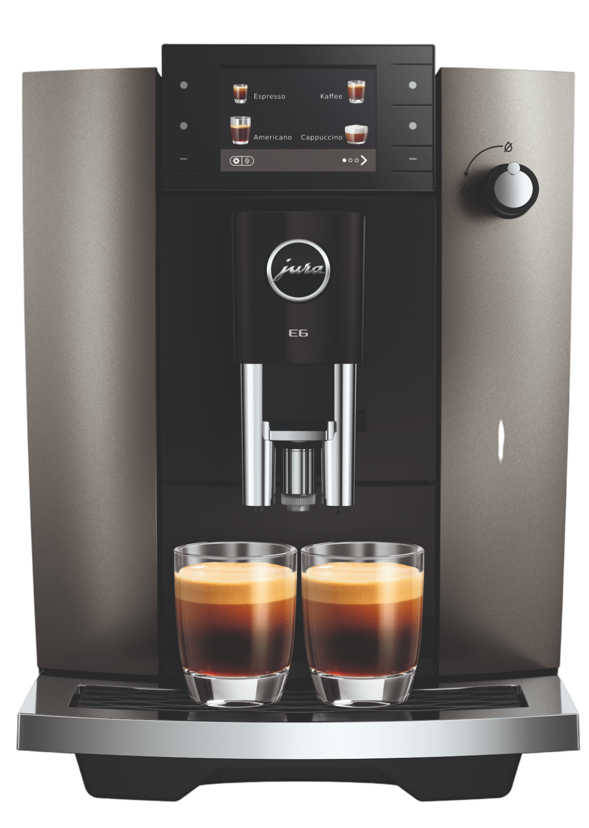 Eine Jura Kaffeemaschine mit zwei Gläsern Espresso im Vordergrund.