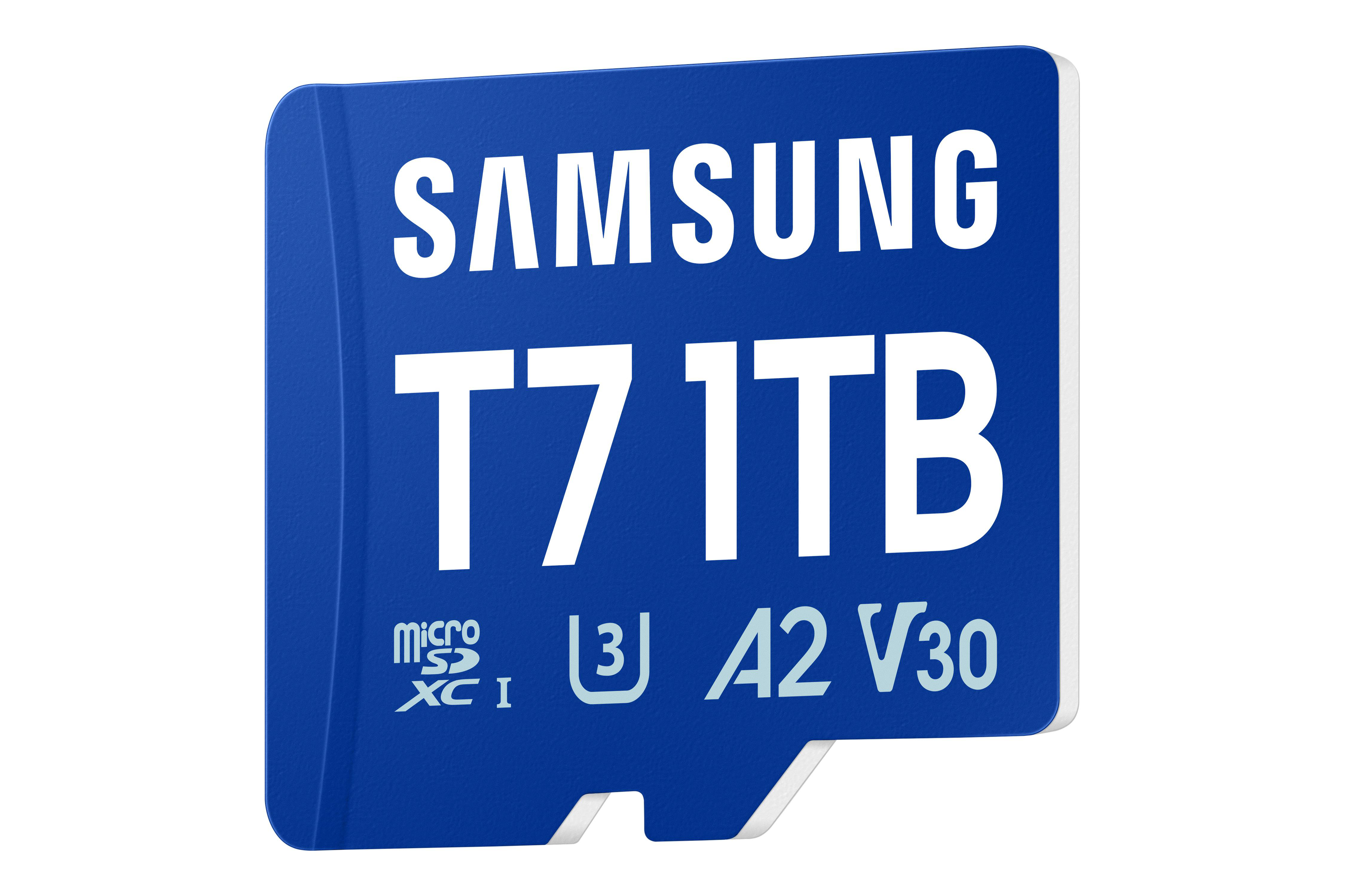 Blaue microSDXC-Speicherkarte von Samsung mit 1 TB Speicherkapazität.