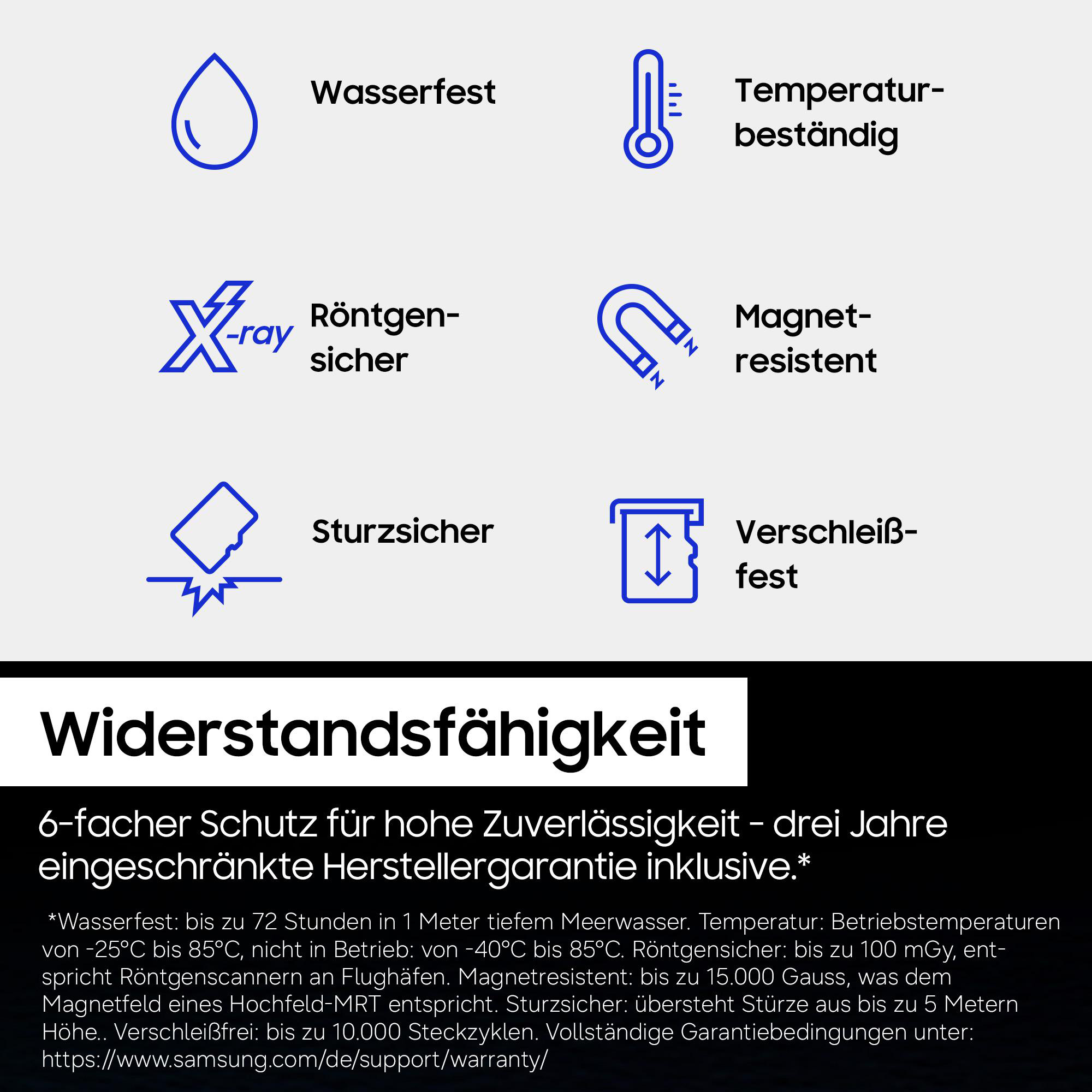 Symbole für Wasser-, Temperatur-, Röntgen-, Magnet-, Sturz- und Verschleißfestigkeit.
