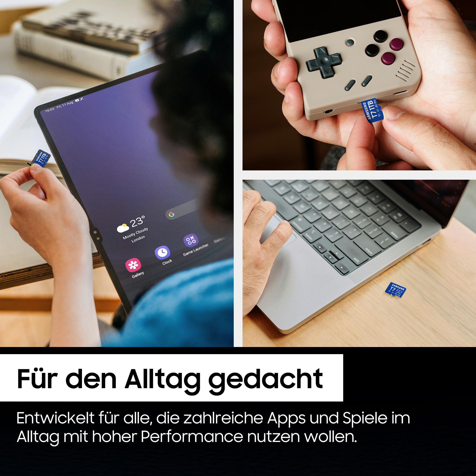 Ein Tablet, ein Handheld-Gerät und ein Laptop mit SD-Karte.