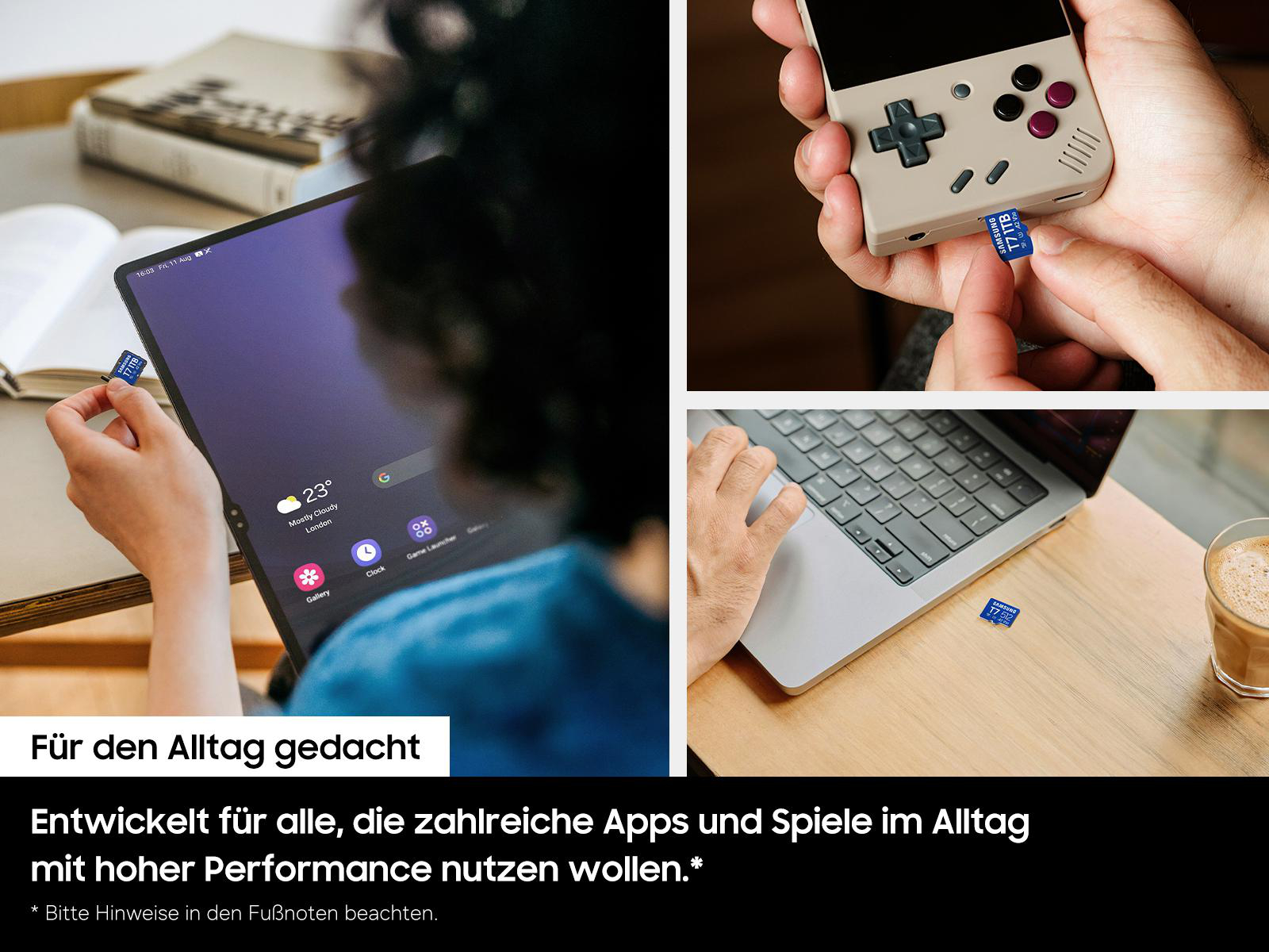 Eine Person steckt eine Speicherkarte in ein Tablet, eine Hand hält einen Handheld-Gaming-PC.