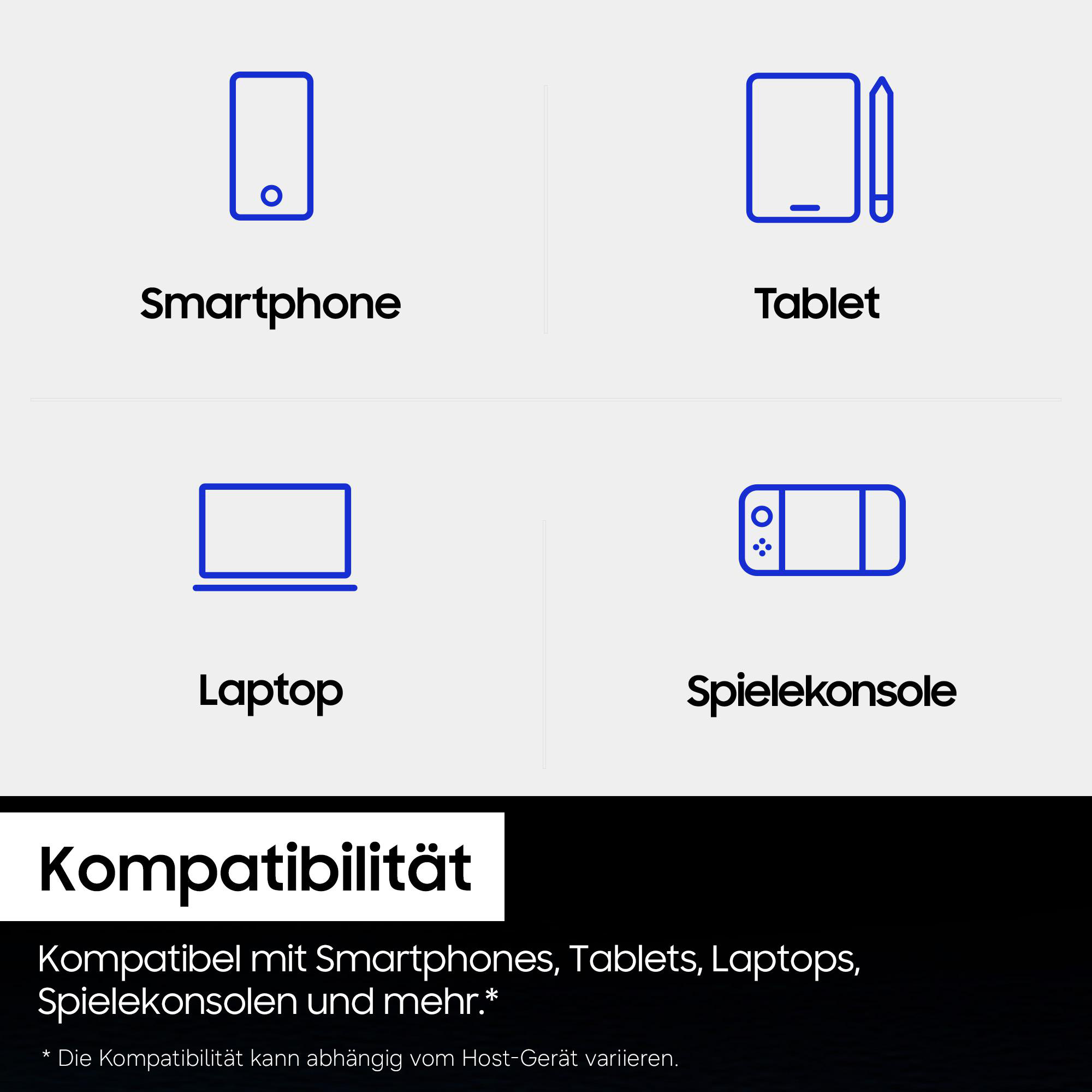 Icons von Smartphone, Tablet, Laptop und Spielekonsole.