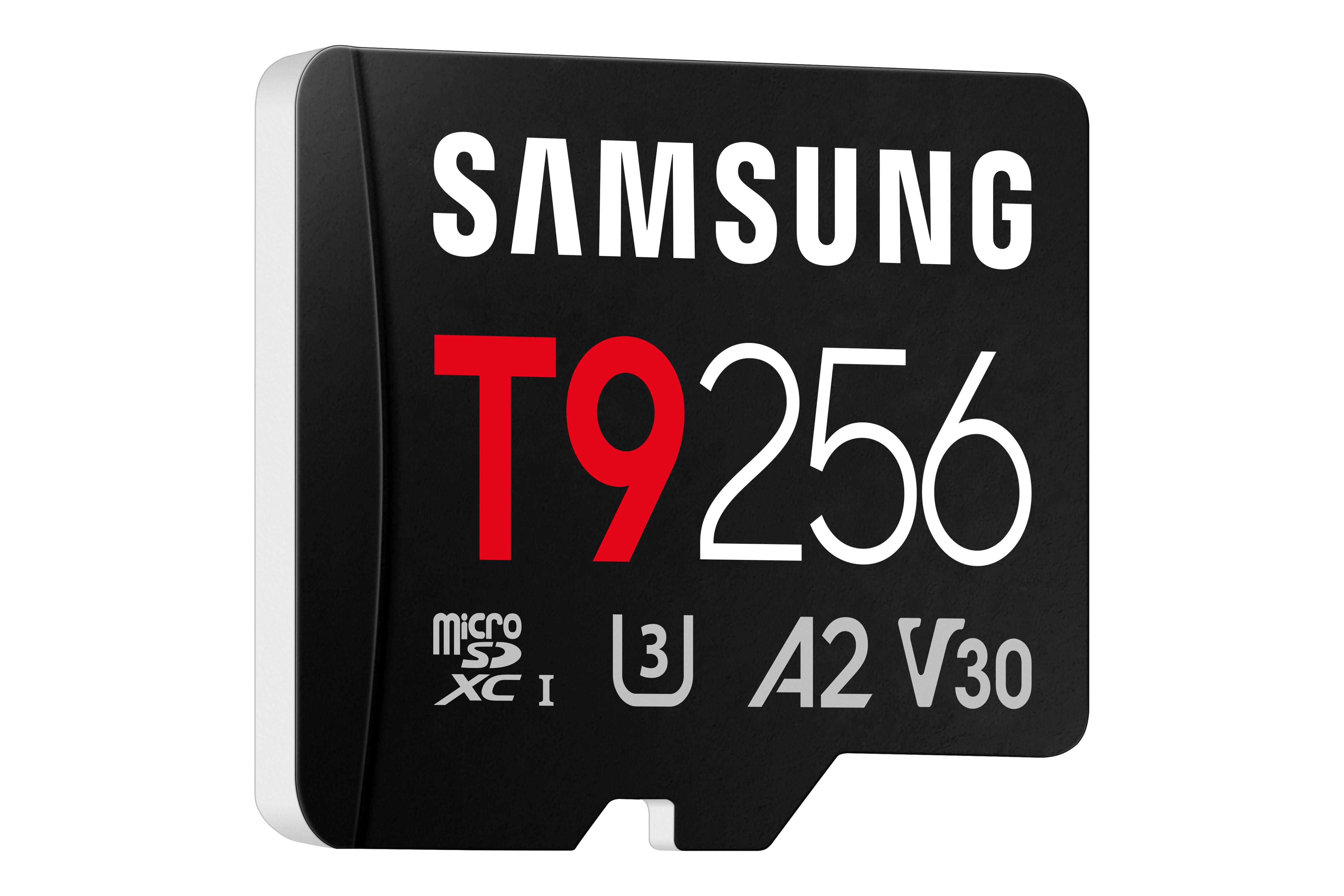 Schwarze MicroSD-Karte mit weißem Samsung-Logo, rotem T9 und weißem 256.