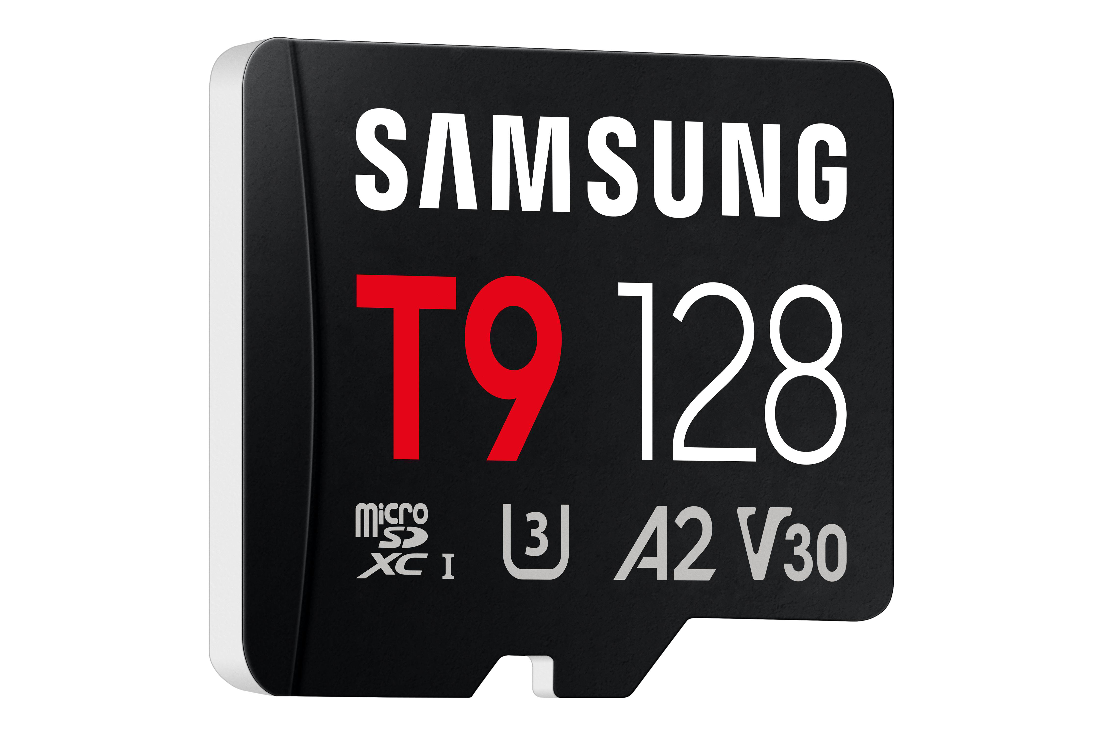 Eine schwarze MicroSD-Karte mit weißen Samsung- und roten T9-Schriftzügen.