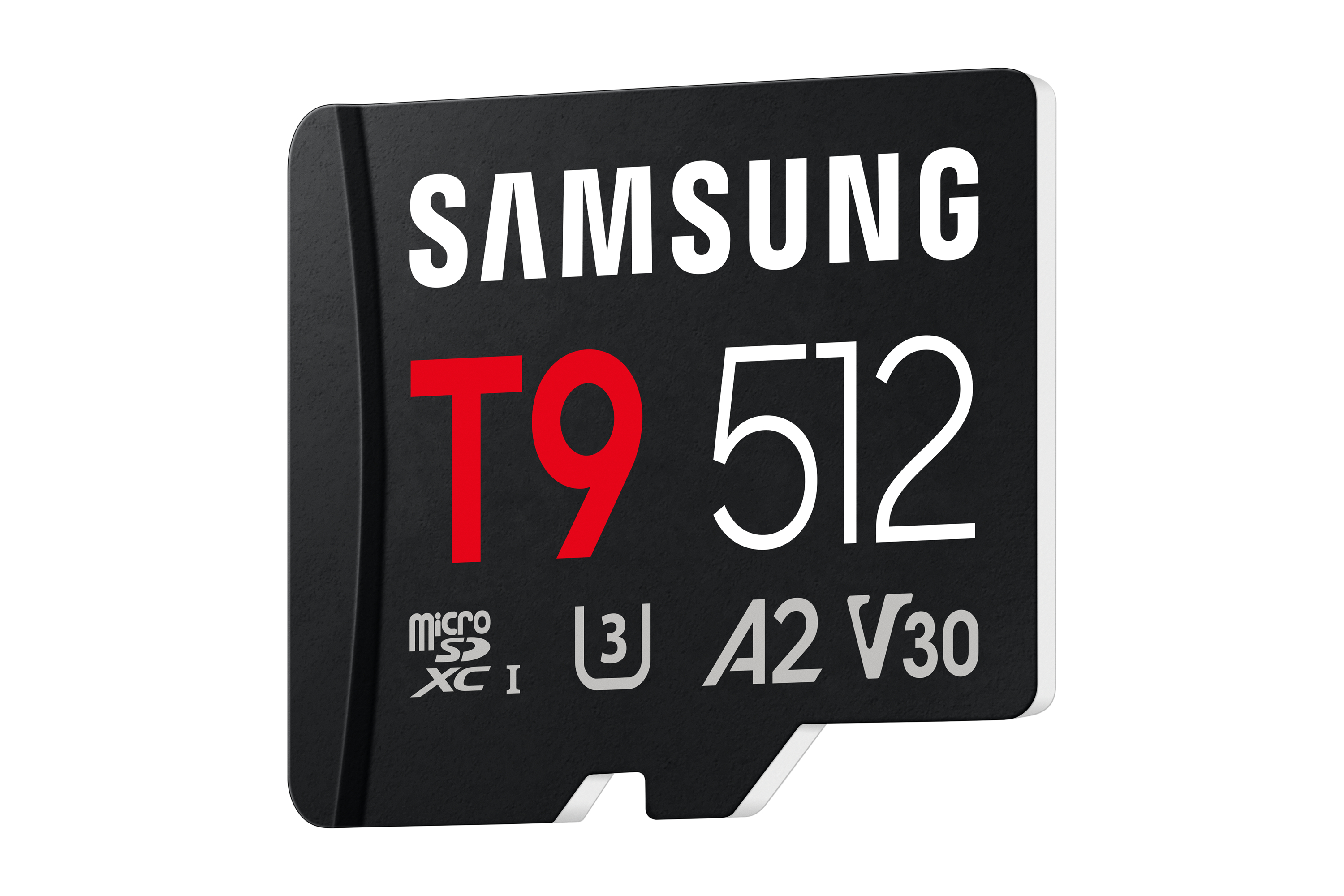Schwarze Samsung MicroSDXC-Karte mit 512GB, T9, A2, V30.