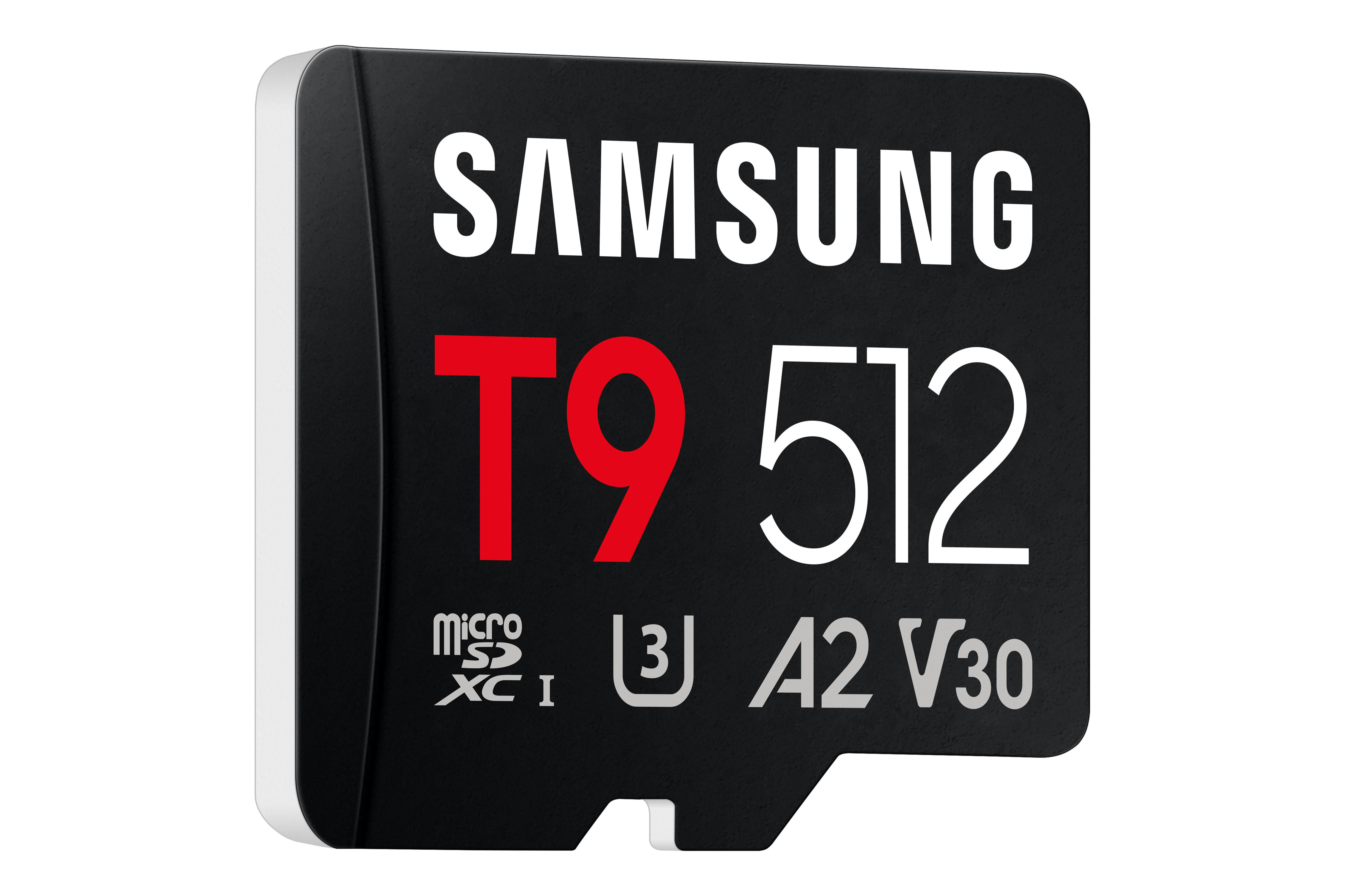 Schwarze MicroSD-Karte mit Samsung T9 512GB, A2, V30 Aufschrift.