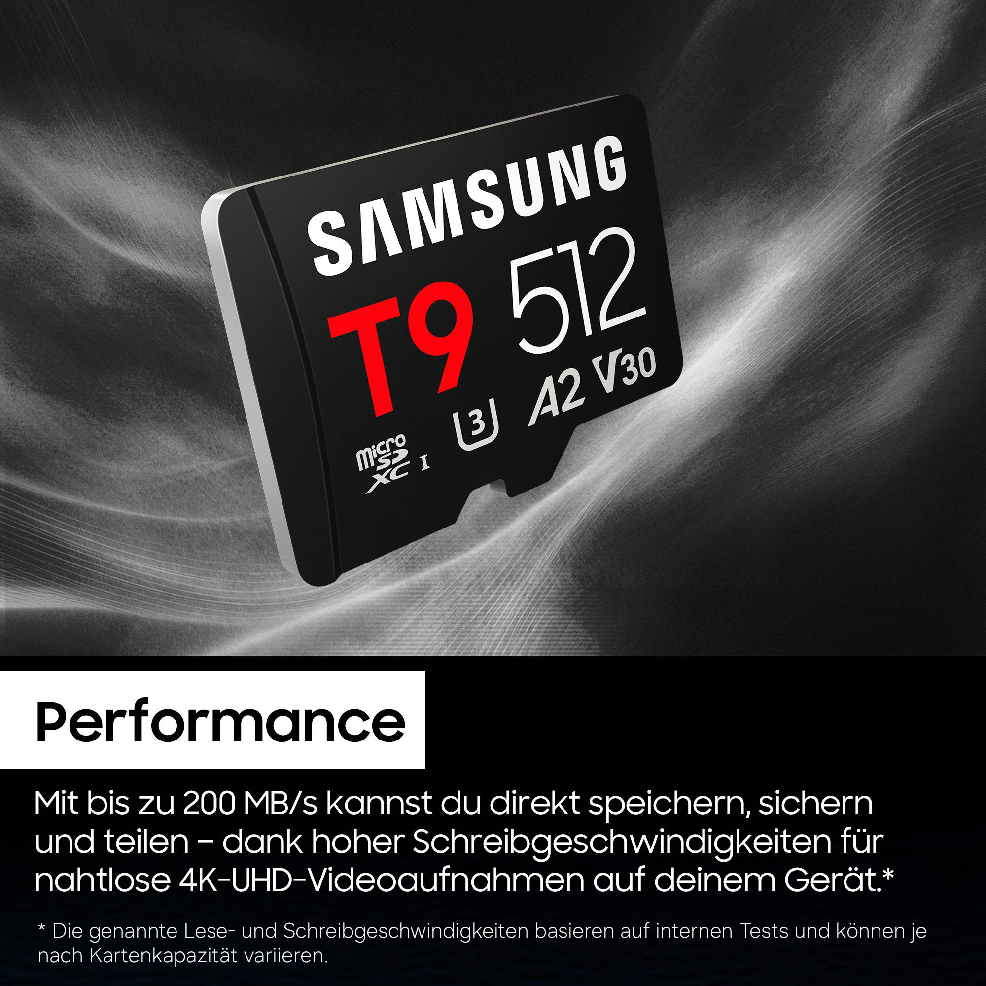 Samsung T9 512GB MicroSDXC Karte mit A2 V30 Klassifizierung.
