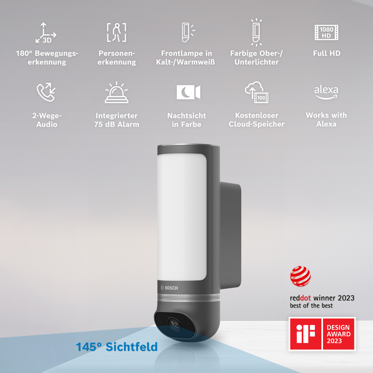 Bosch Kamera mit Licht: 180 Grad, Personenerkennung, Nachtsicht, Full HD.