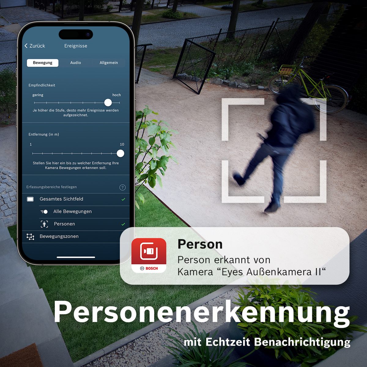 App-Bildschirm zeigt Personenerkennungseinstellungen und eine Person, die von einer Kamera erfasst wird.
