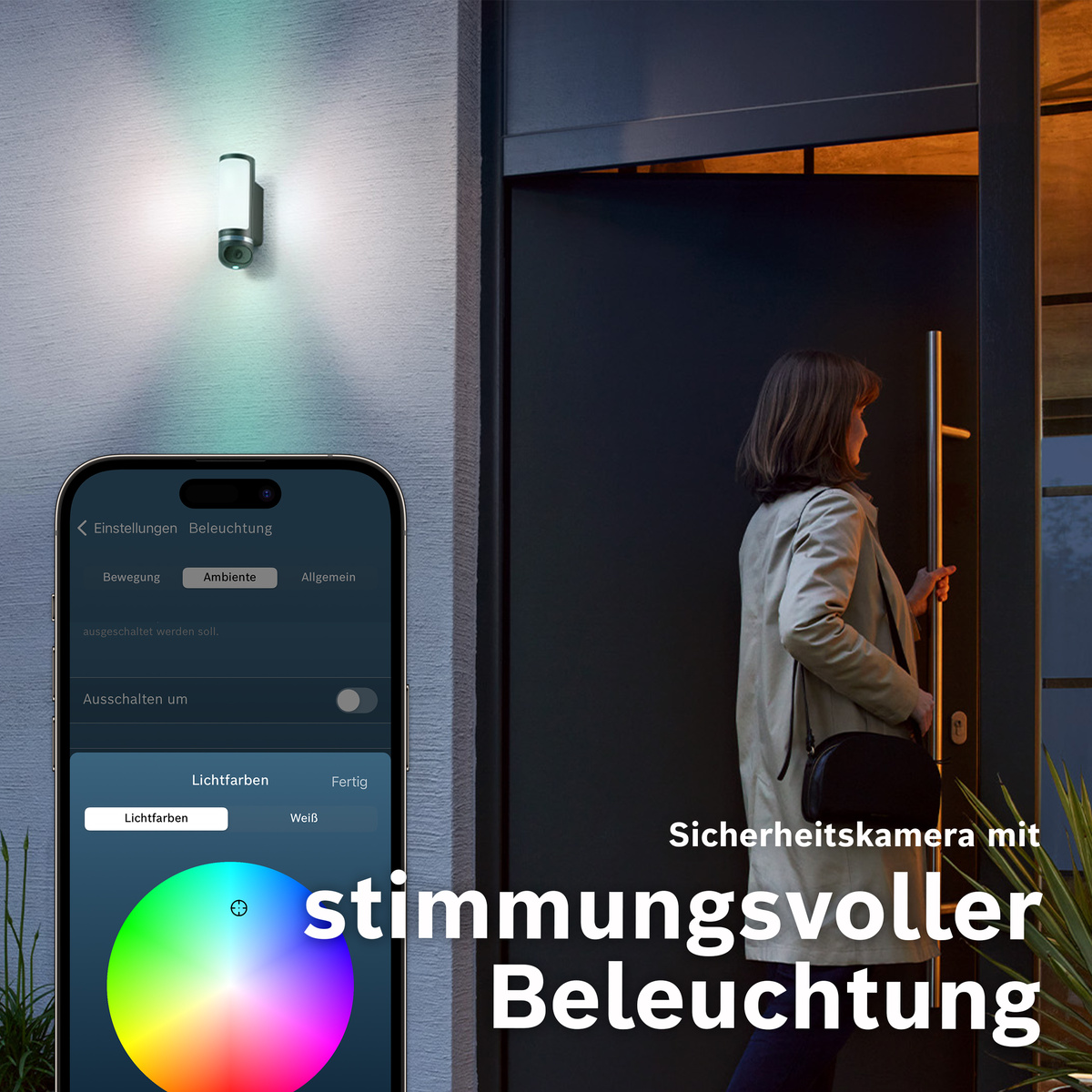 Sicherheitskamera mit stimmungsvoller Beleuchtung, gesteuert per App.