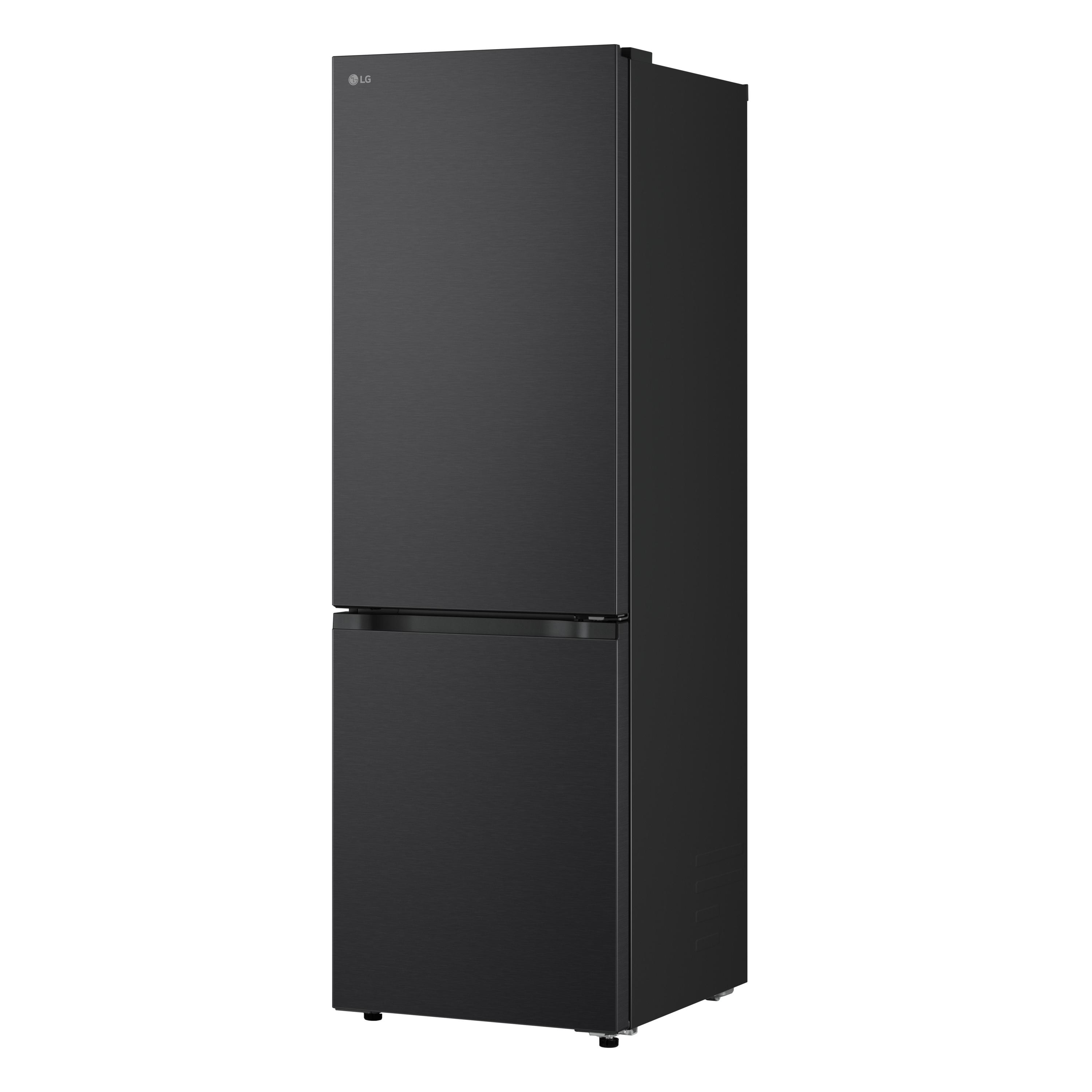 Schwarzer LG Kühlschrank mit zwei Türen und gebürsteter Metalloberfläche.