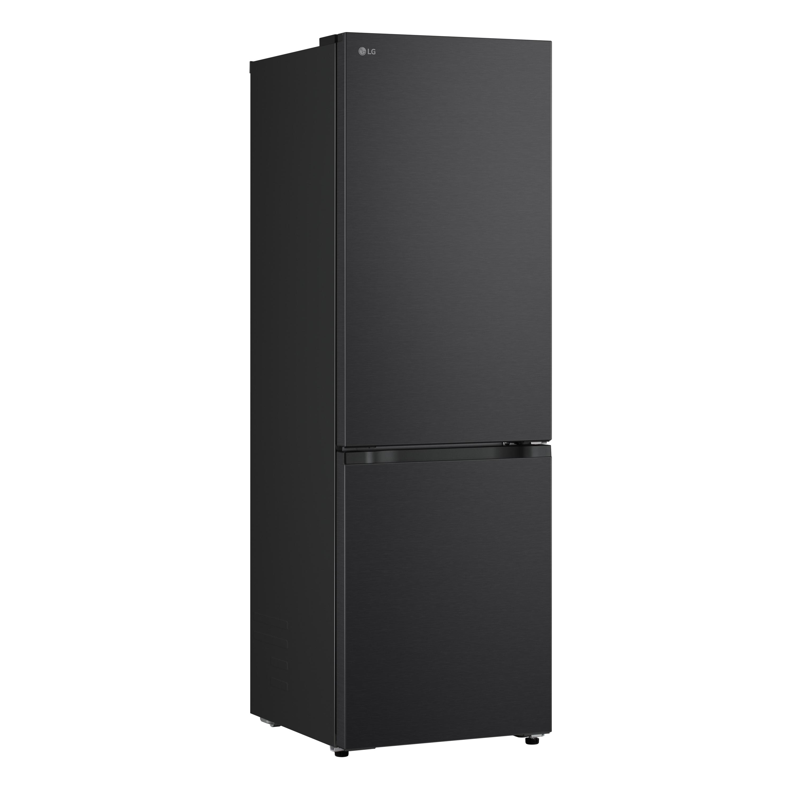 Ein schwarzer LG Kühlschrank mit zwei Türen, freistehend auf weißem Hintergrund.