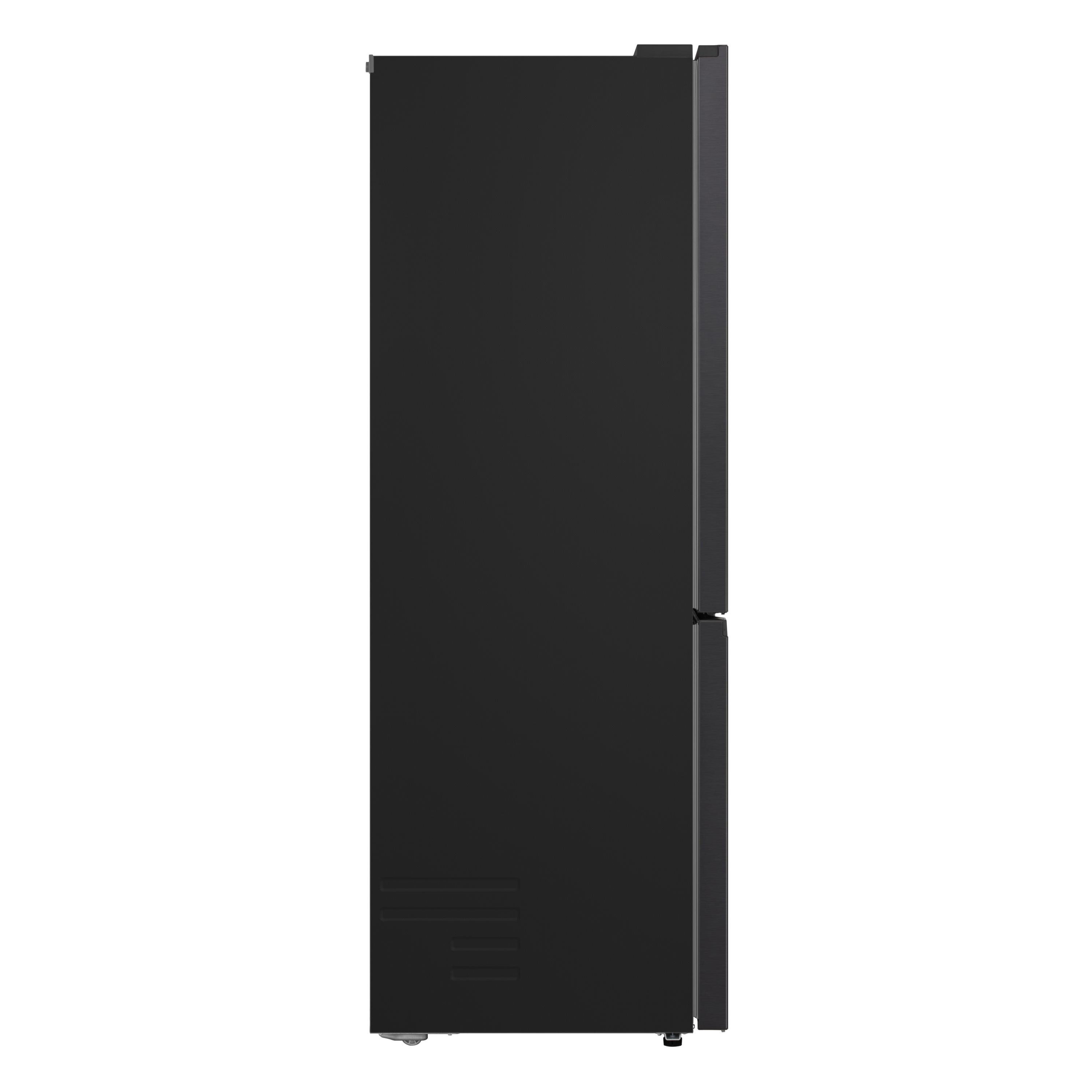 Schwarzer Kühlschrank von der Seite, mit silbernen Akzenten.