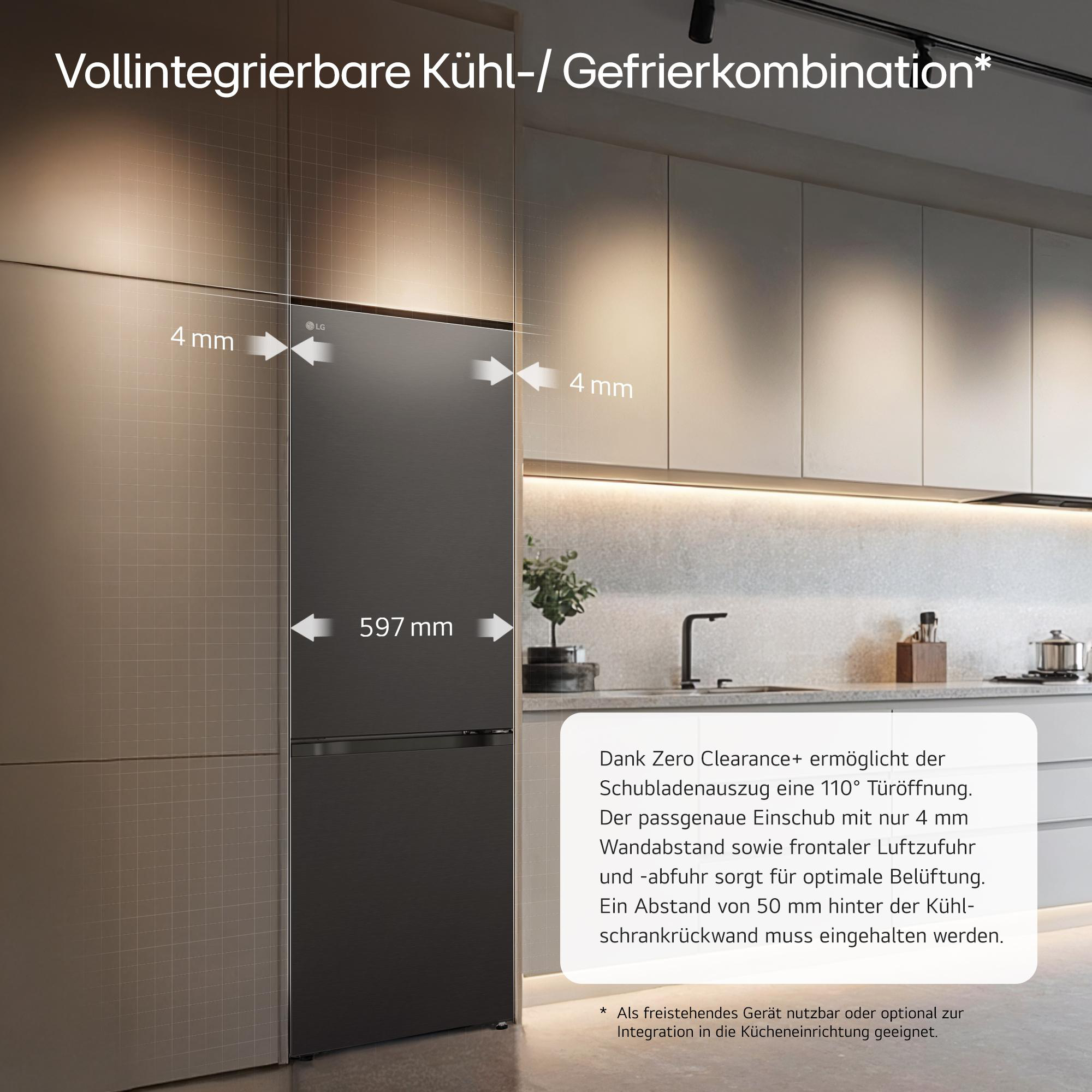 Einbau-Kühl-/Gefrierkombination mit 4mm Wandabstand und 597mm Höhe.