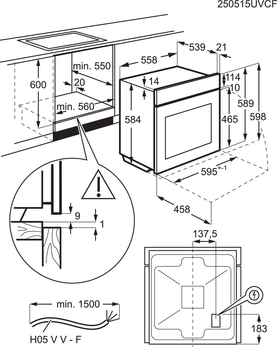 Dibujo técnico de un horno empotrado con dimensiones y notas de instalación.