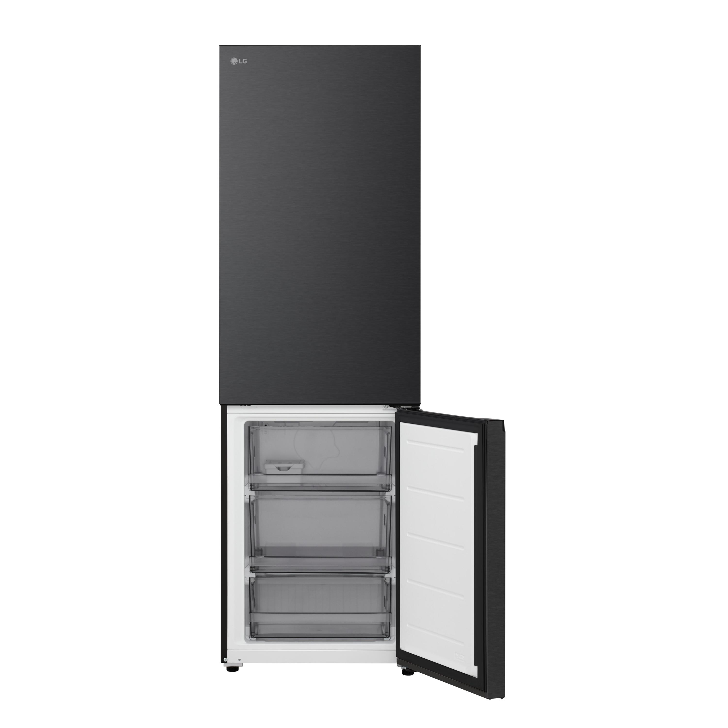 Ein schwarzer LG Kühlschrank mit geöffneter Gefriertür und transparenten Schubladen.