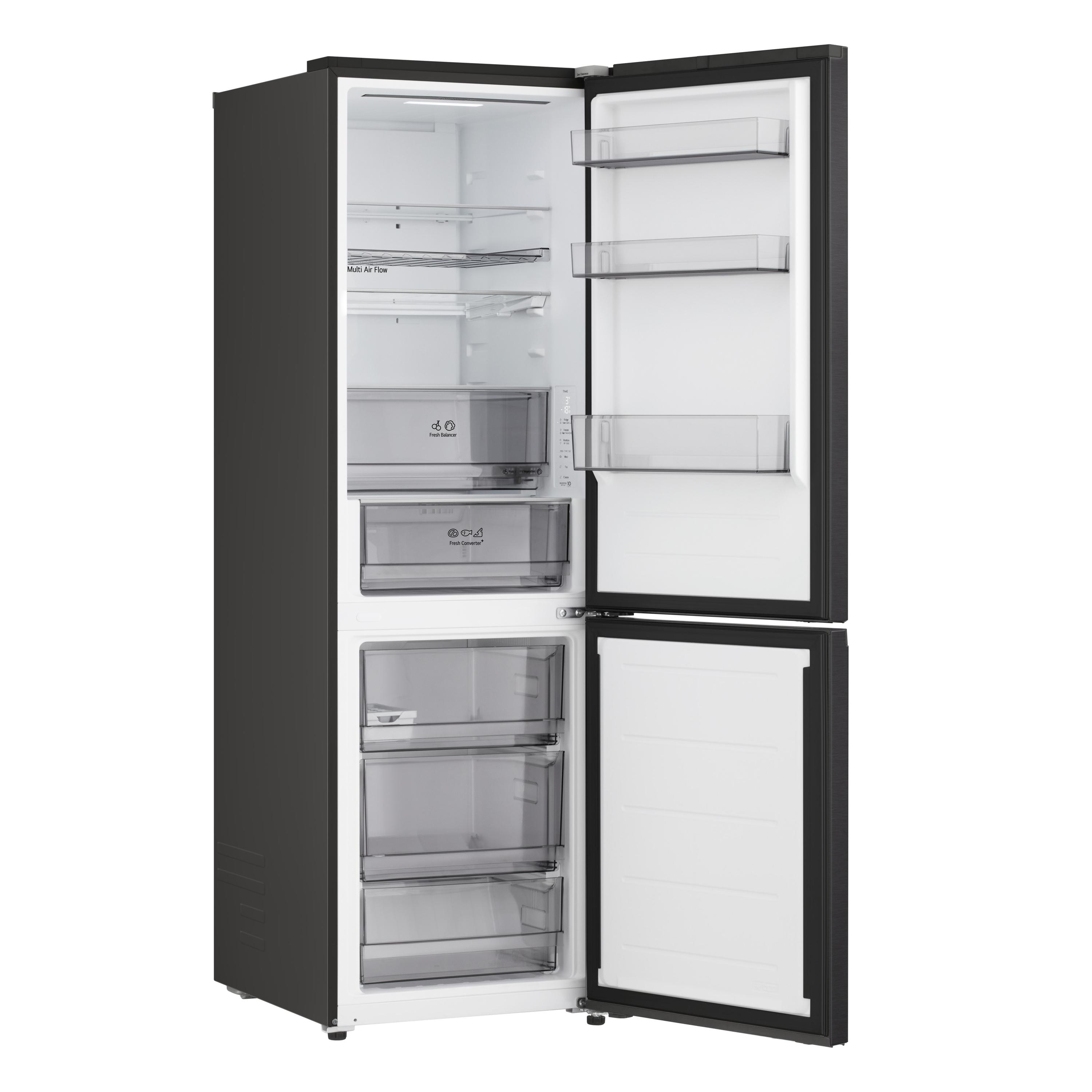 Ein schwarzer Kühlschrank mit geöffneter Tür zeigt Regale und Schubladen.