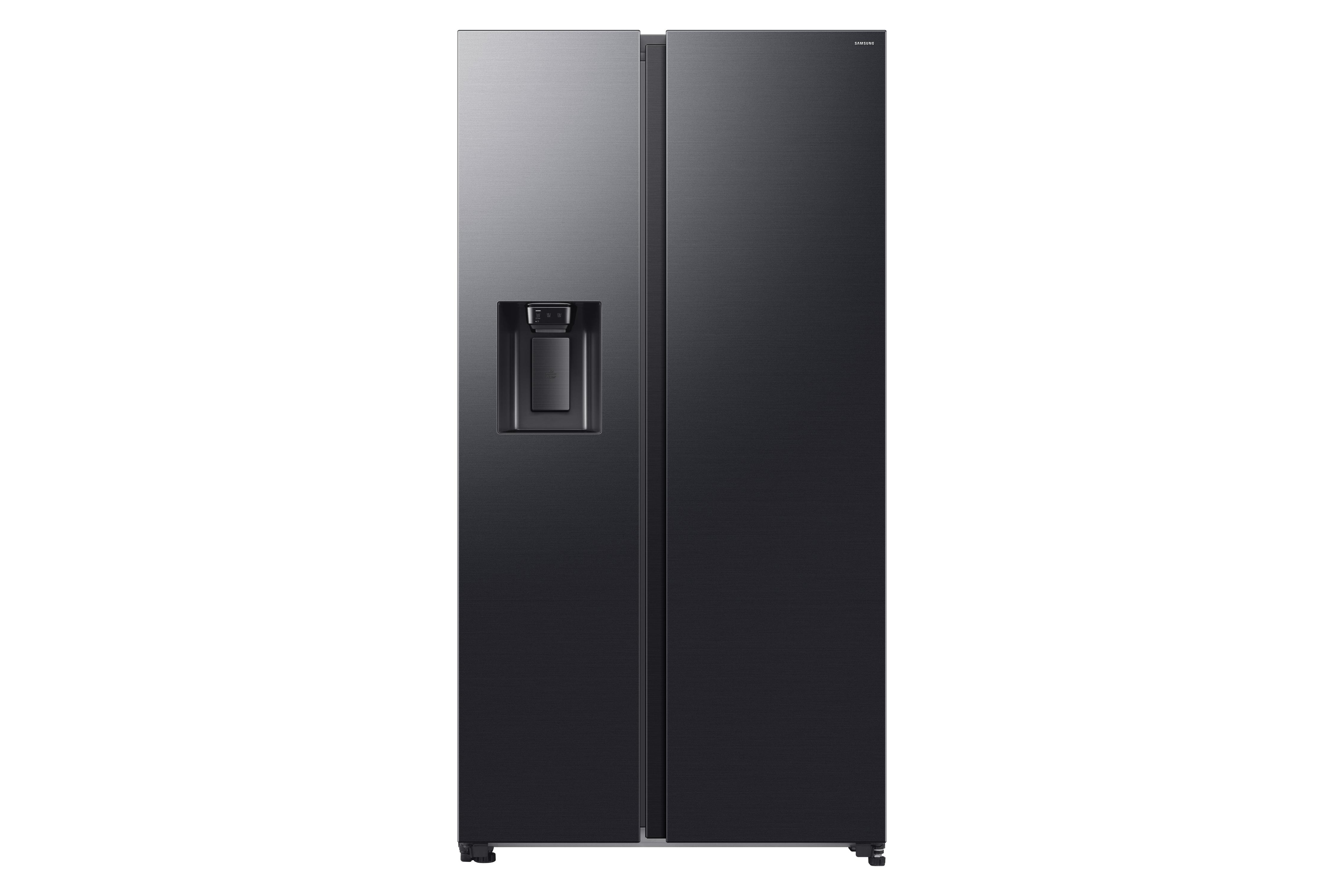 Ein schwarzer Samsung Kühlschrank mit zwei Türen und einem Wasserspender.