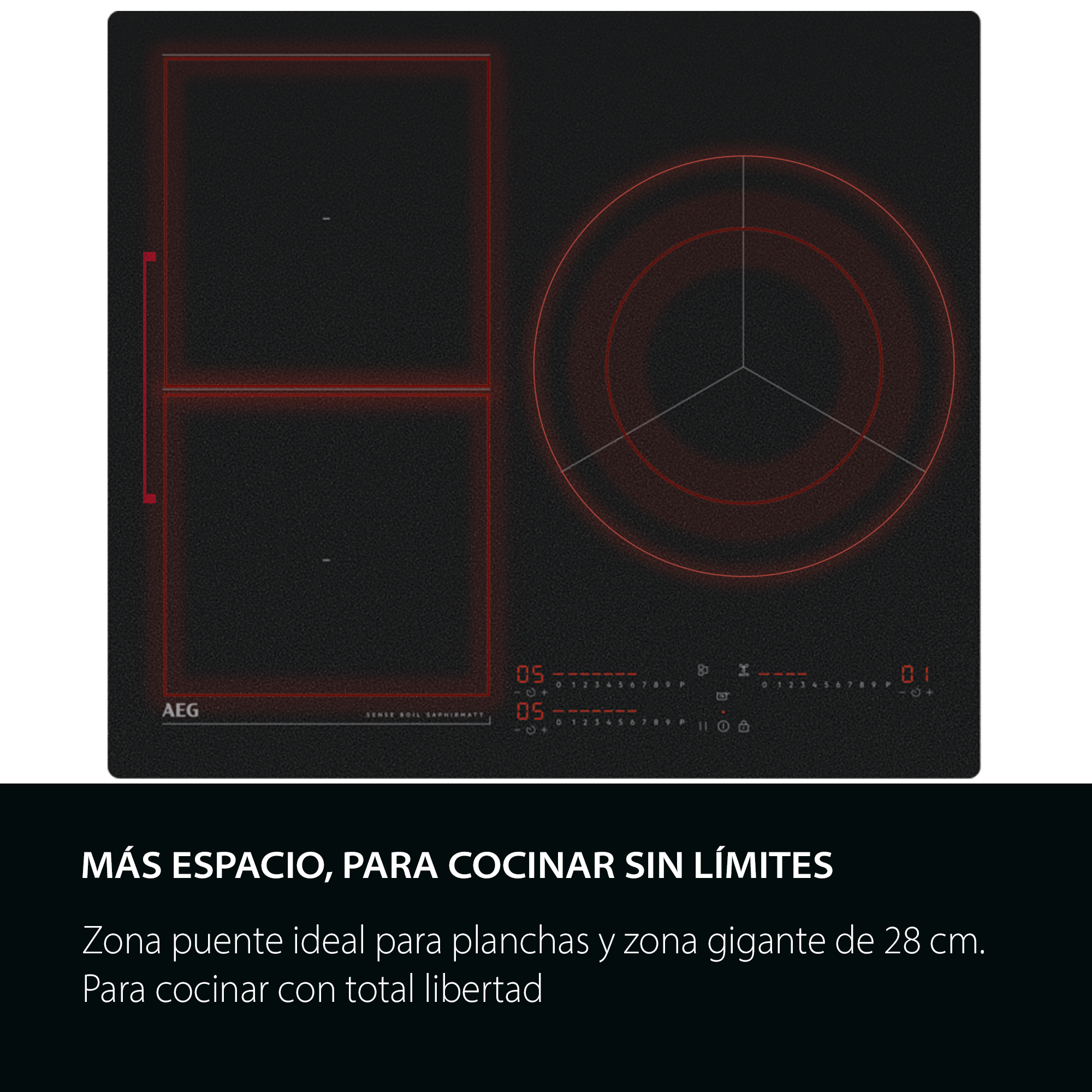 MÁS ESPACIO, PARA COCINAR SIN LÍMITES
Zona Puente ideal para planchas y zona gigante de 28 cm. Para cocinar con total libertad.