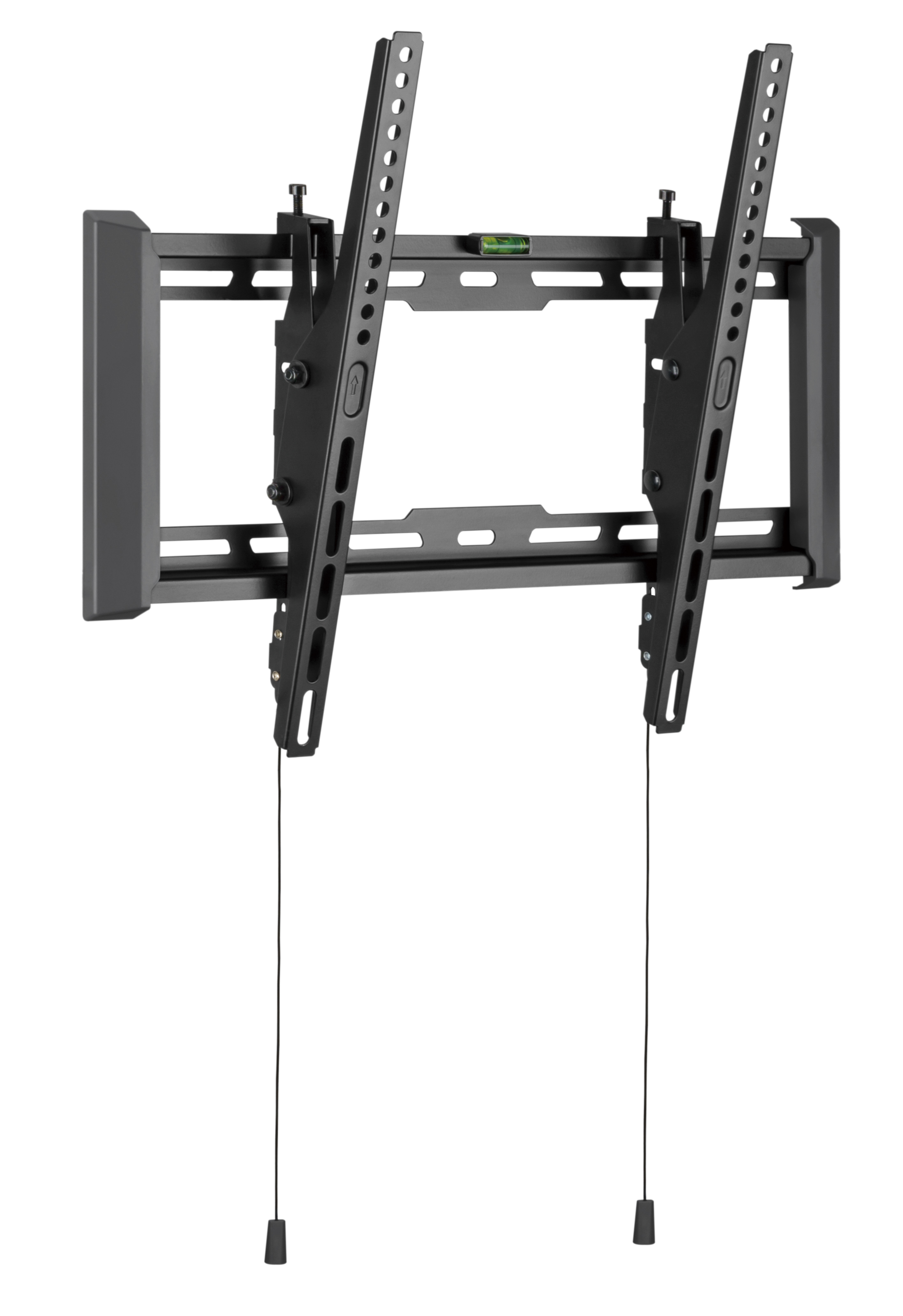 Eine schwarze, verstellbare TV-Wandhalterung mit integrierter Wasserwaage und Schnüren.