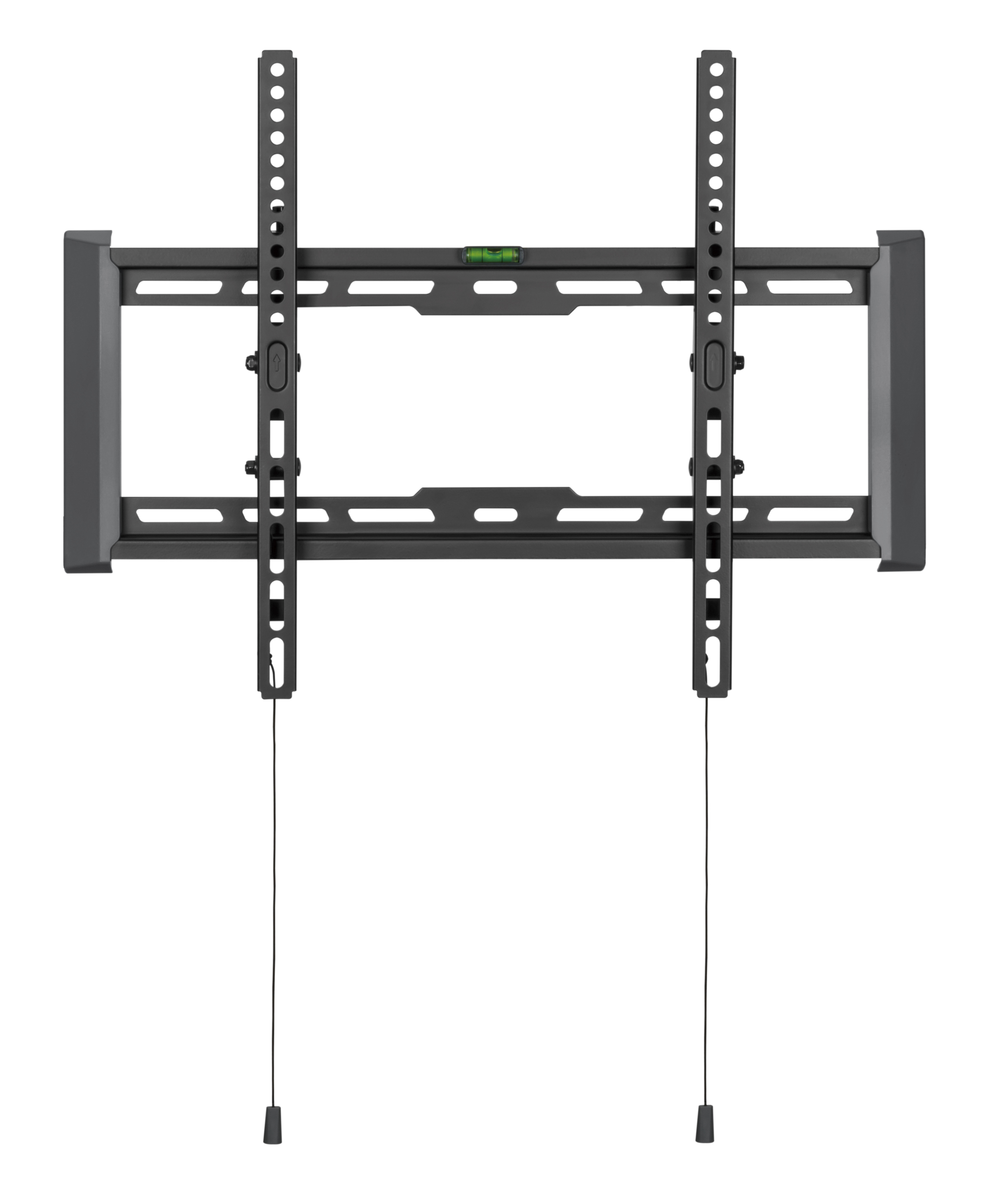 Schwarze Wandhalterung für Fernseher mit Wasserwaage und Kabeln.