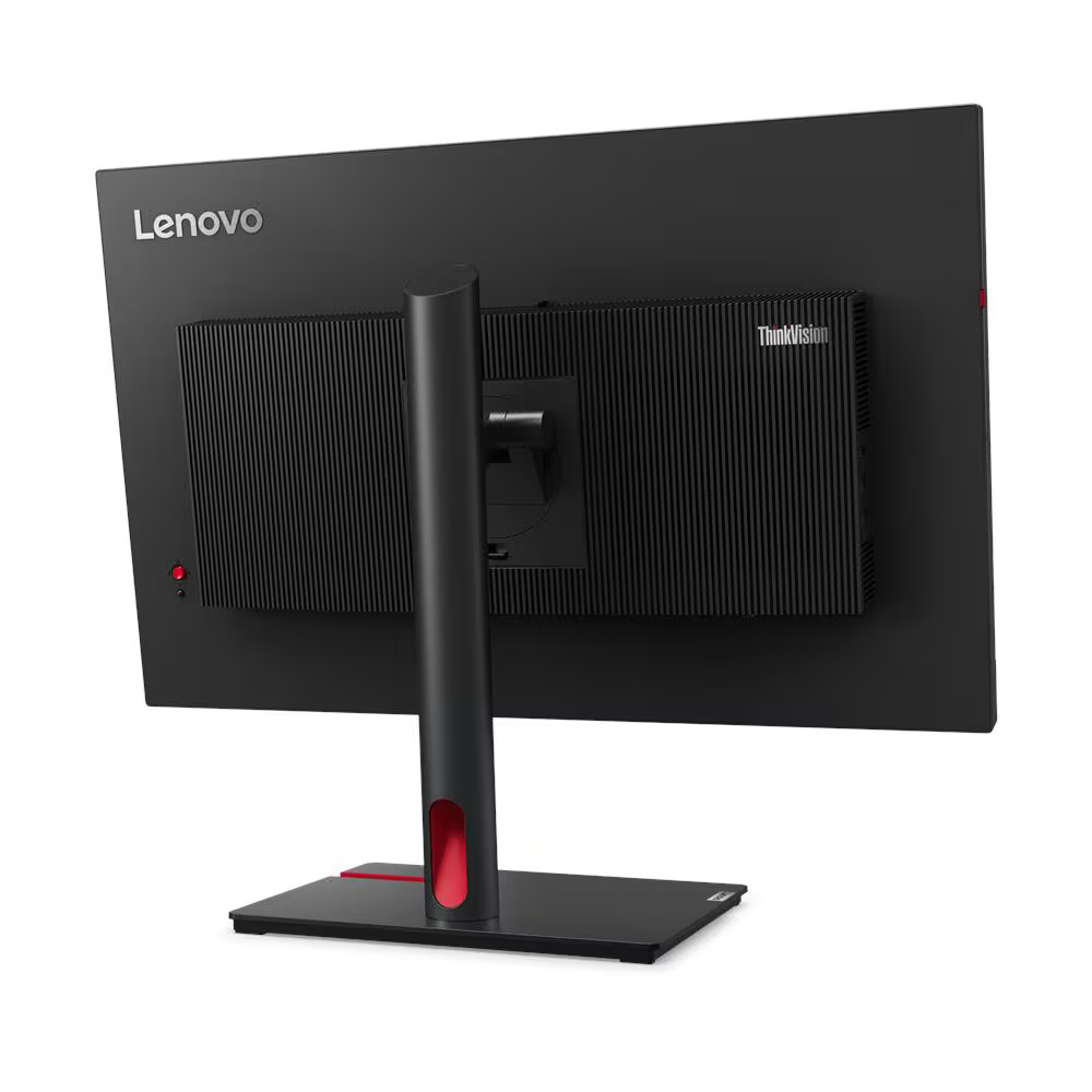 Egy fekete Lenovo ThinkVision monitor hátulja ezüst állvánnyal.