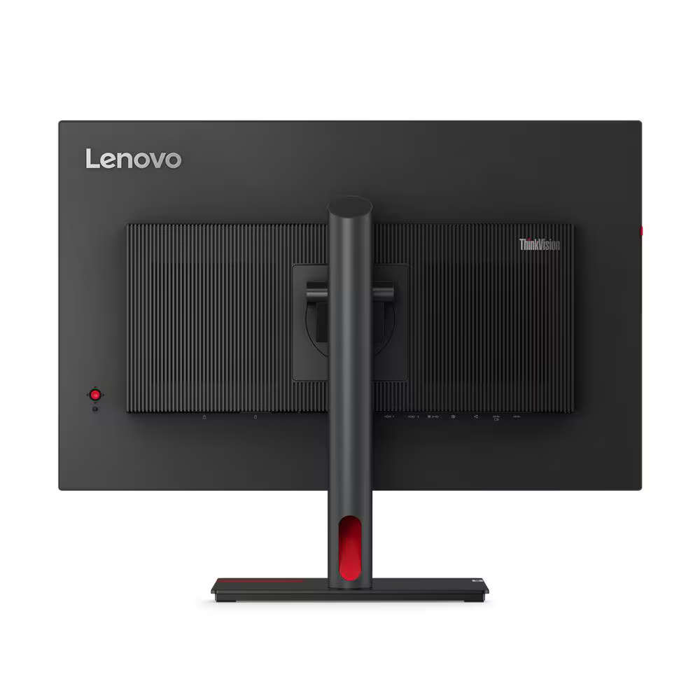 Egy fekete Lenovo ThinkVision monitor hátoldala bordázott szellőzőkialakítással és piros díszítéssel.
