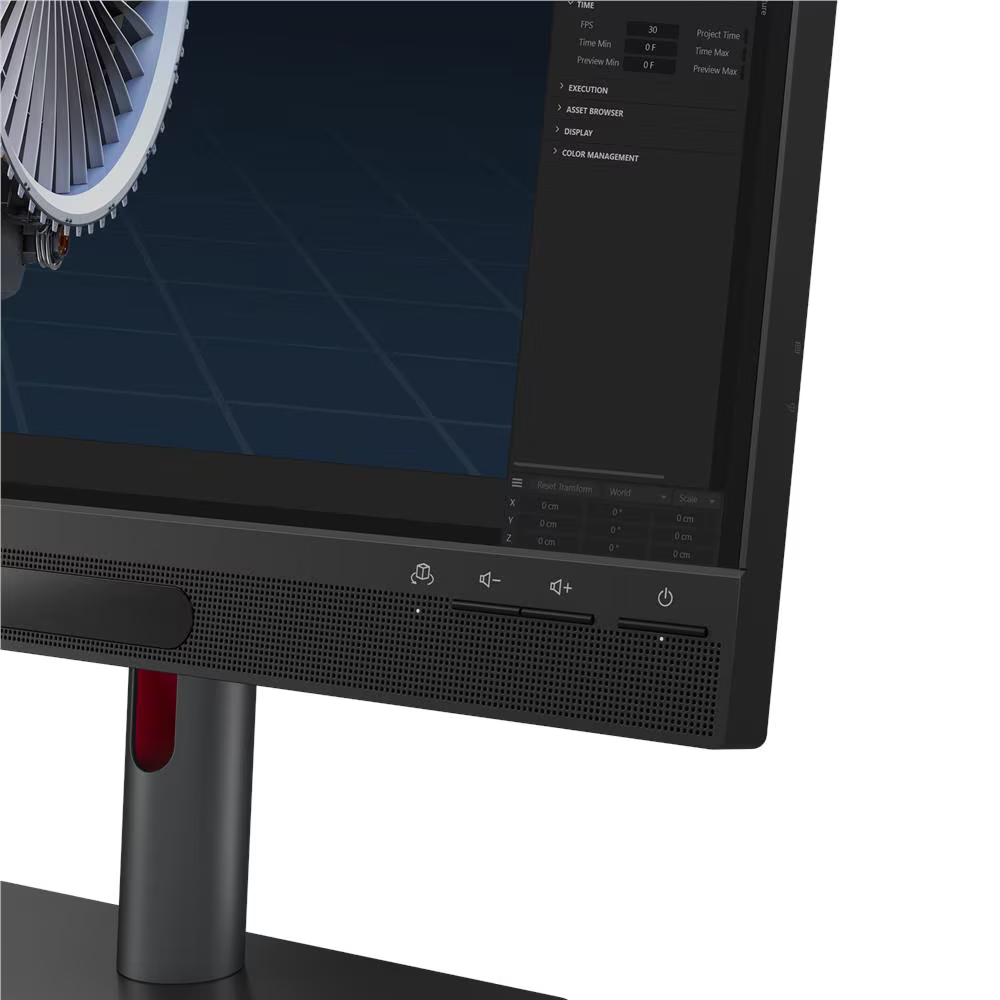Egy számítógép monitor 3D modellt és szoftverpaneleket jelenít meg gombokkal.