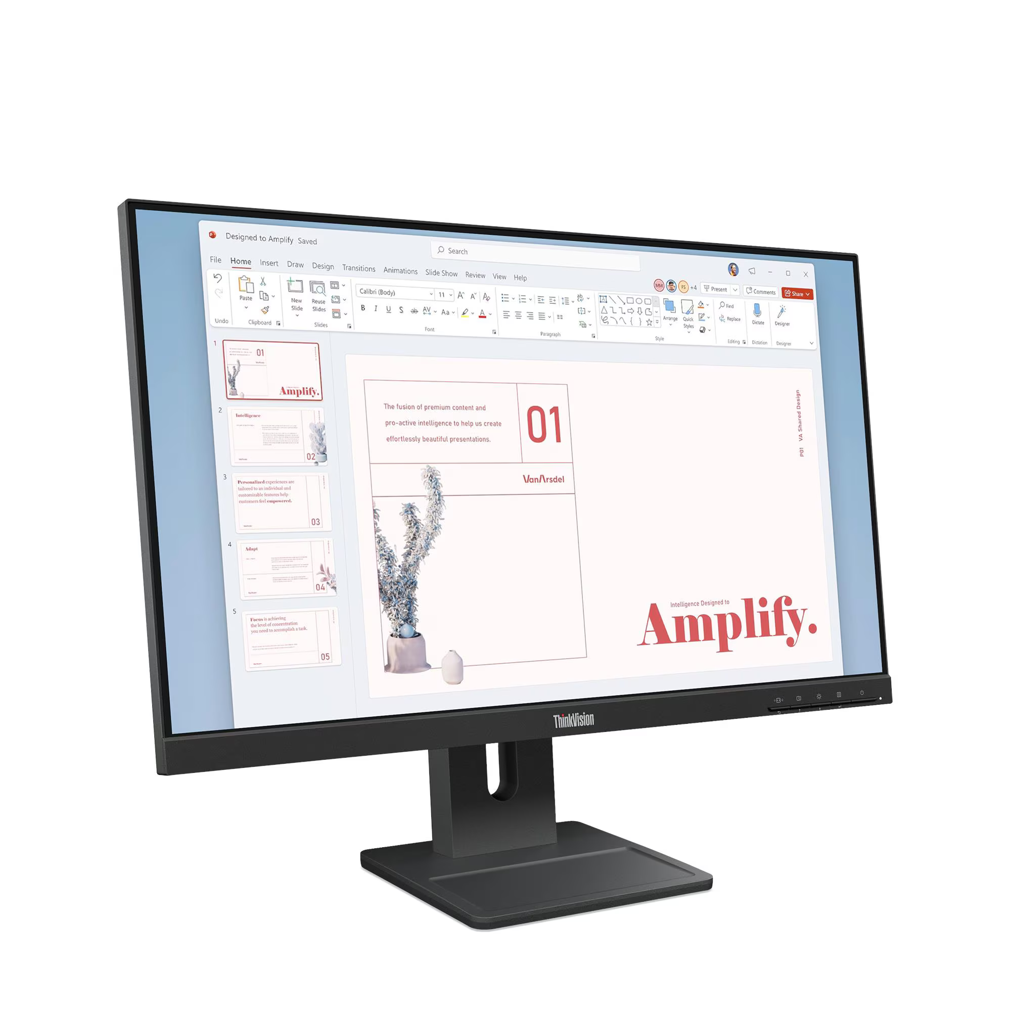 Egy ThinkVision monitor „Amplify” témájú prezentációt jelenít meg. Diák szöveggel és grafikával.