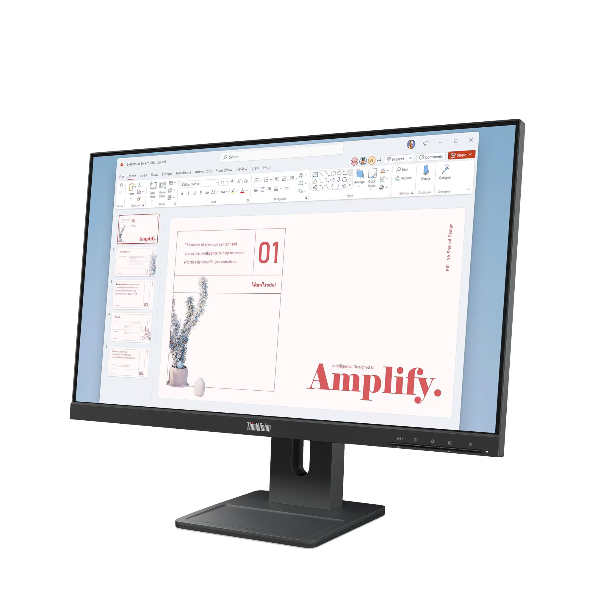Egy modern monitor mutat be egy 'Amplify' című prezentációt.