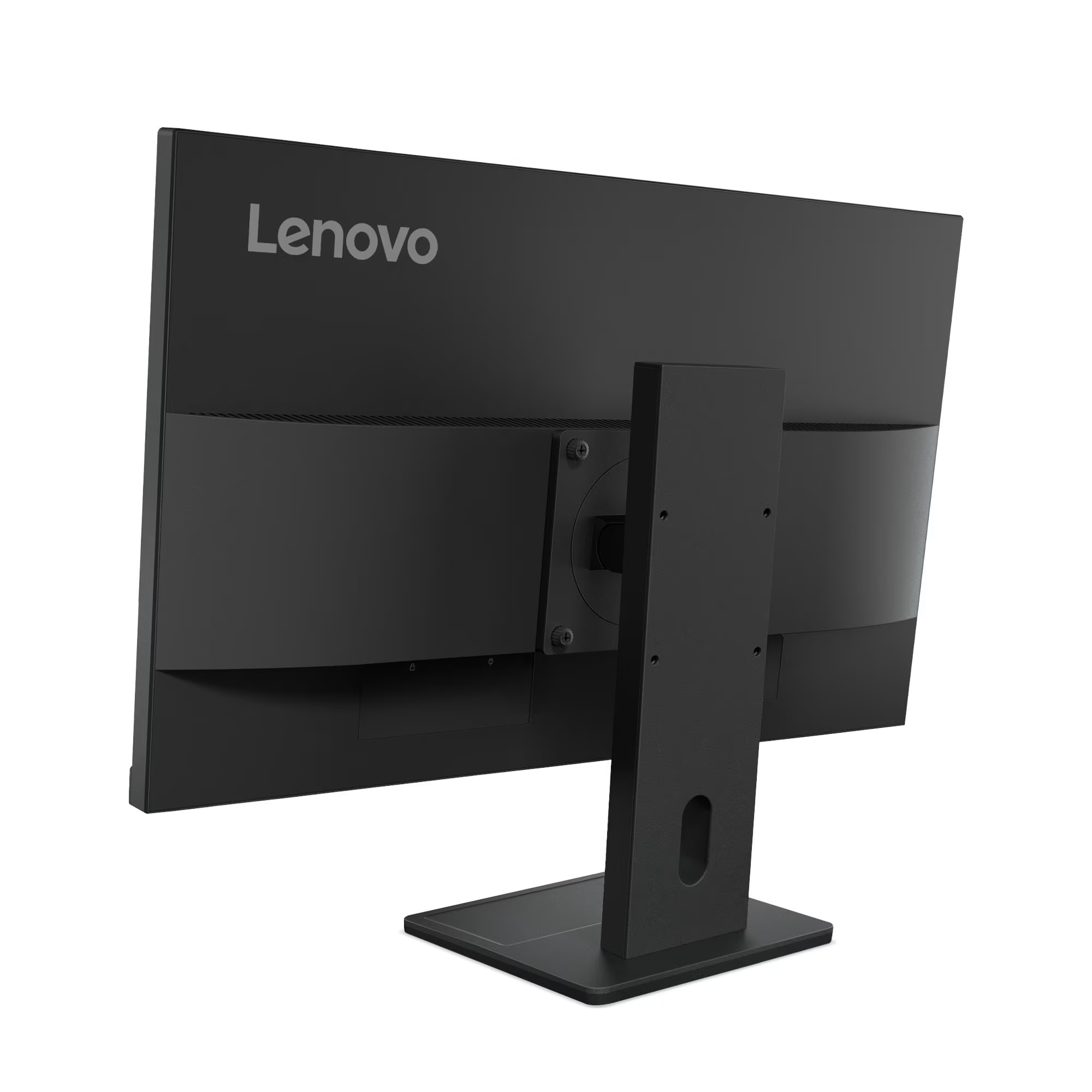 Egy fekete Lenovo monitor hátulnézete az állványán fehér háttér előtt.