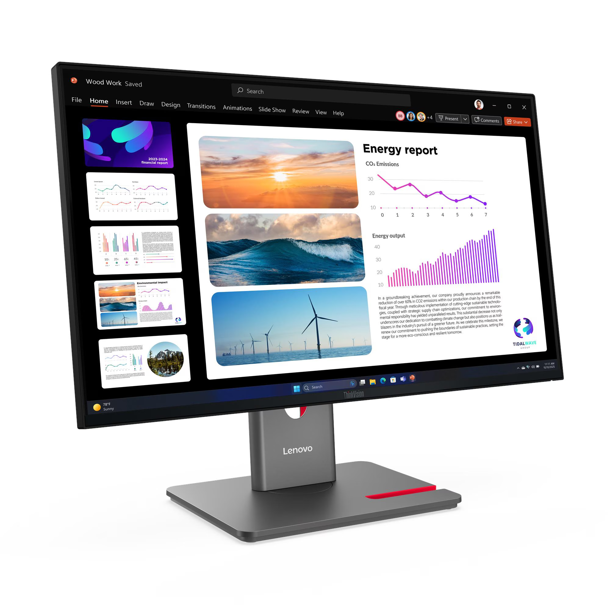 Egy Lenovo monitor energiariportokat, grafikonokat és szélturbinák képeit tartalmazó prezentációt jelenít meg.